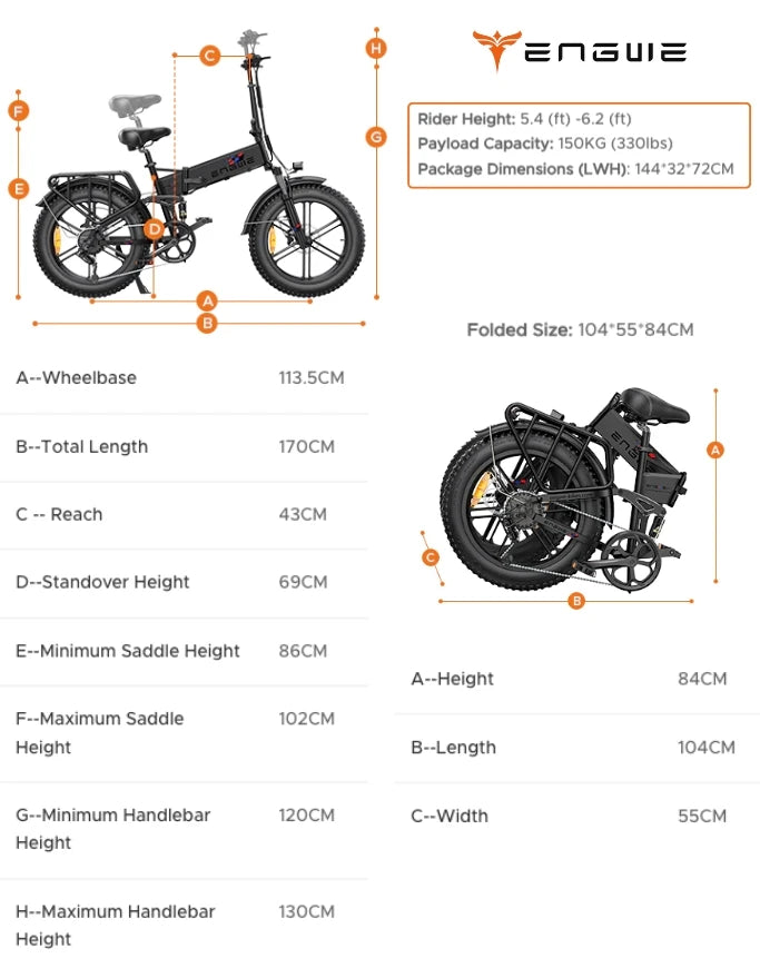 Engwe Engine X Fat Tyre Electric Bike size and dimensions