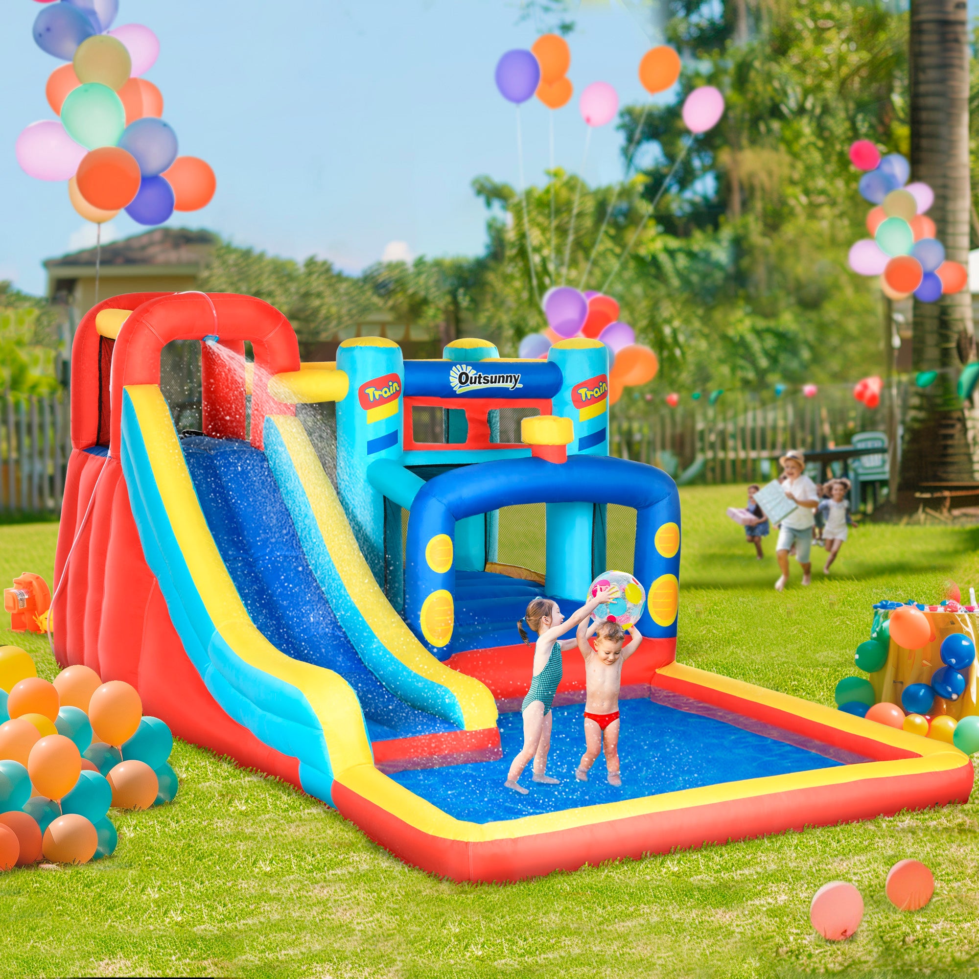 Outsunny 4-in-1 Bouncy Castle, with Slide, Trampoline, Climbing Wall, Blower, Multicoloured