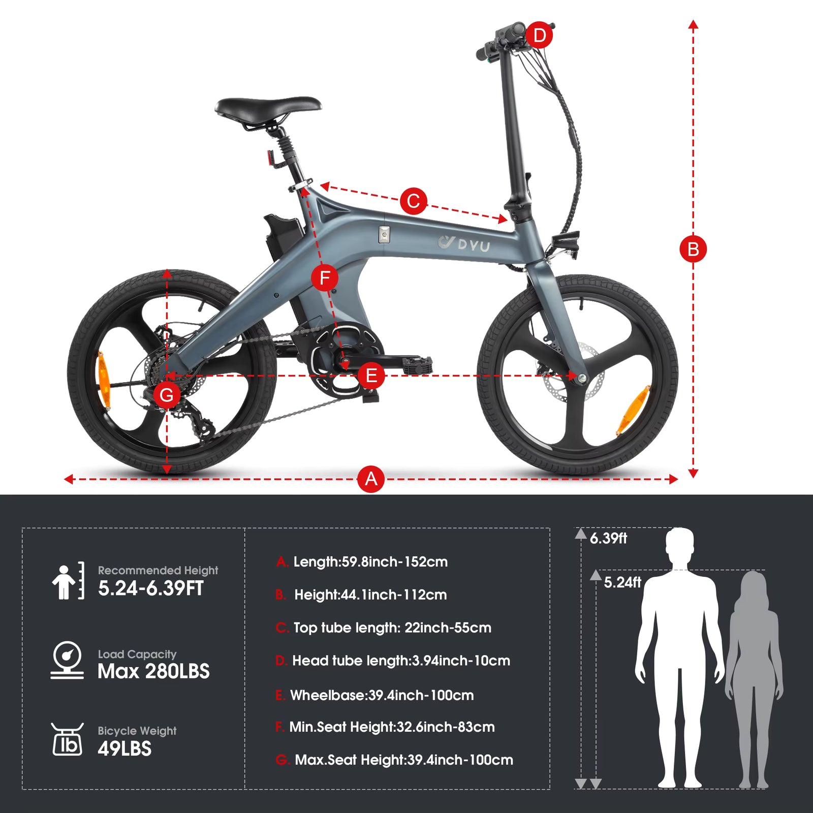 DYU T1 Foldable Electric Bike dimensions