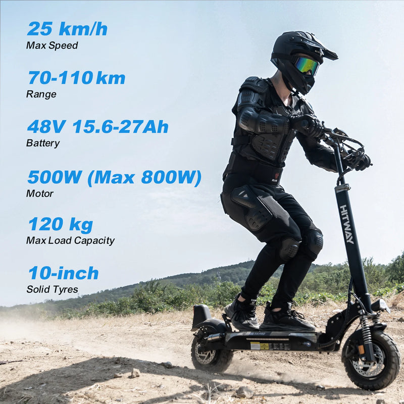 A person wearing black protective gear and a helmet rides a HITWAY electric scooter off-road. Blue text on the left displays scooter specs: 25 km/h max speed, 70-110 km range, 48V battery, 500W motor, 120 kg load, 10-inch tires.