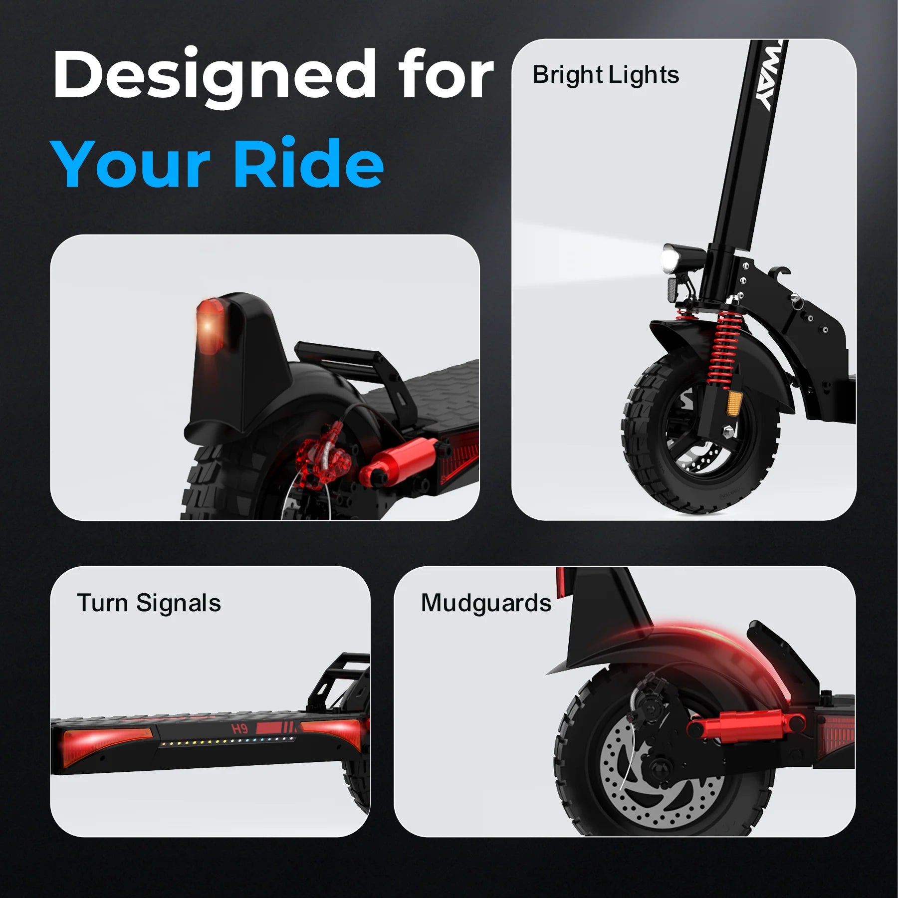 A promotional image for an electric scooter shows close-ups of its bright front lights, rear turn signals, rear mudguards, and rear wheel, with the text “Designed for Your Ride.”.