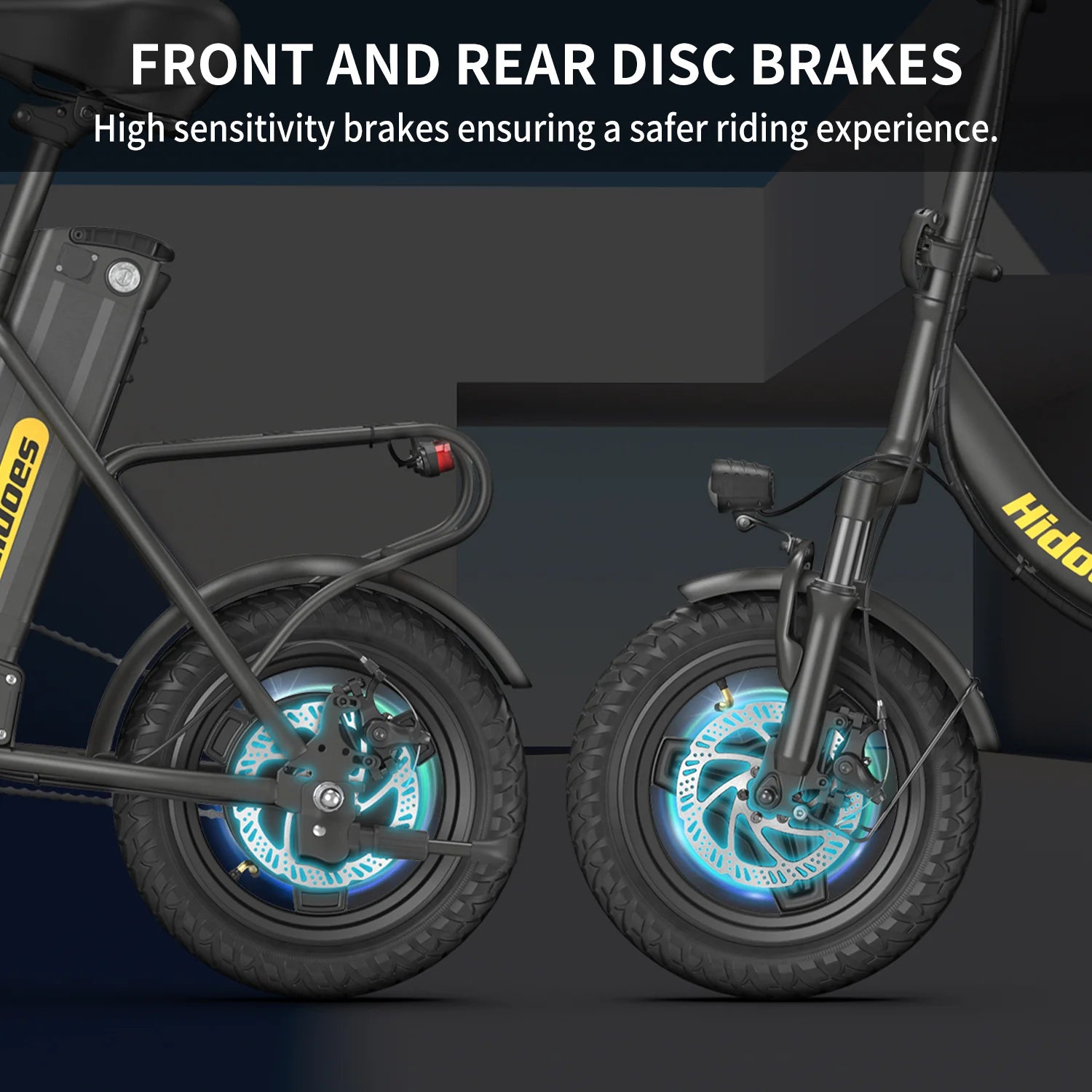 Close-up side view of an electric bike highlighting its front and rear disc brakes with glowing blue accents. Text reads: Front and rear disc brakes—High sensitivity brakes ensuring a safer riding experience.