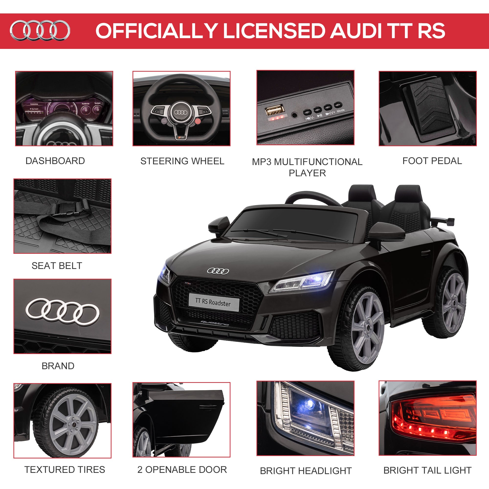 HOMCOM Audi TT / TT RS 12V Kids Ride-On Car - Black