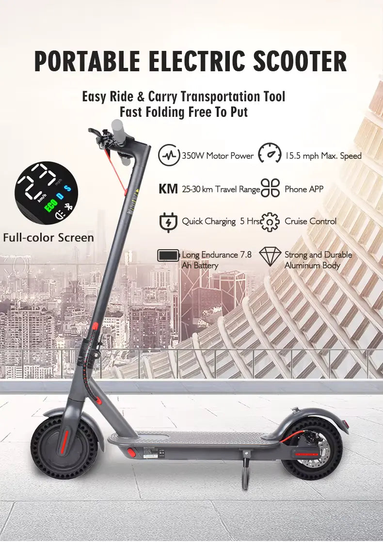 Side view of iWheels D8 Pro portable electric scooter with full-color screen and cityscape background