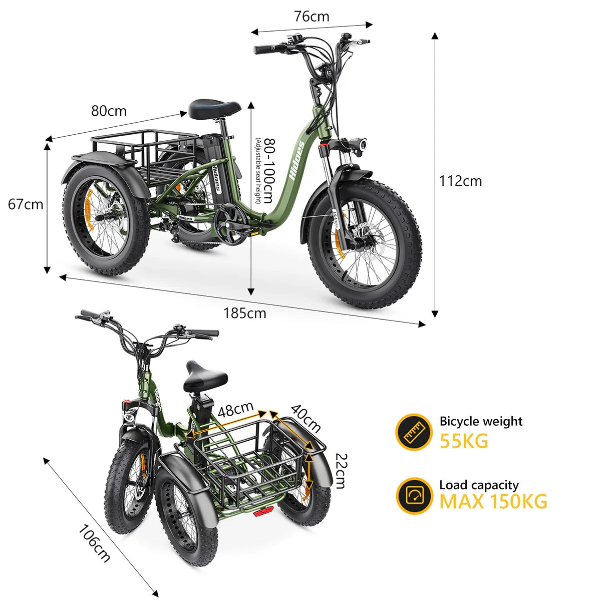 VIPCOO ET1 Folding Electric Tricycle dimensions