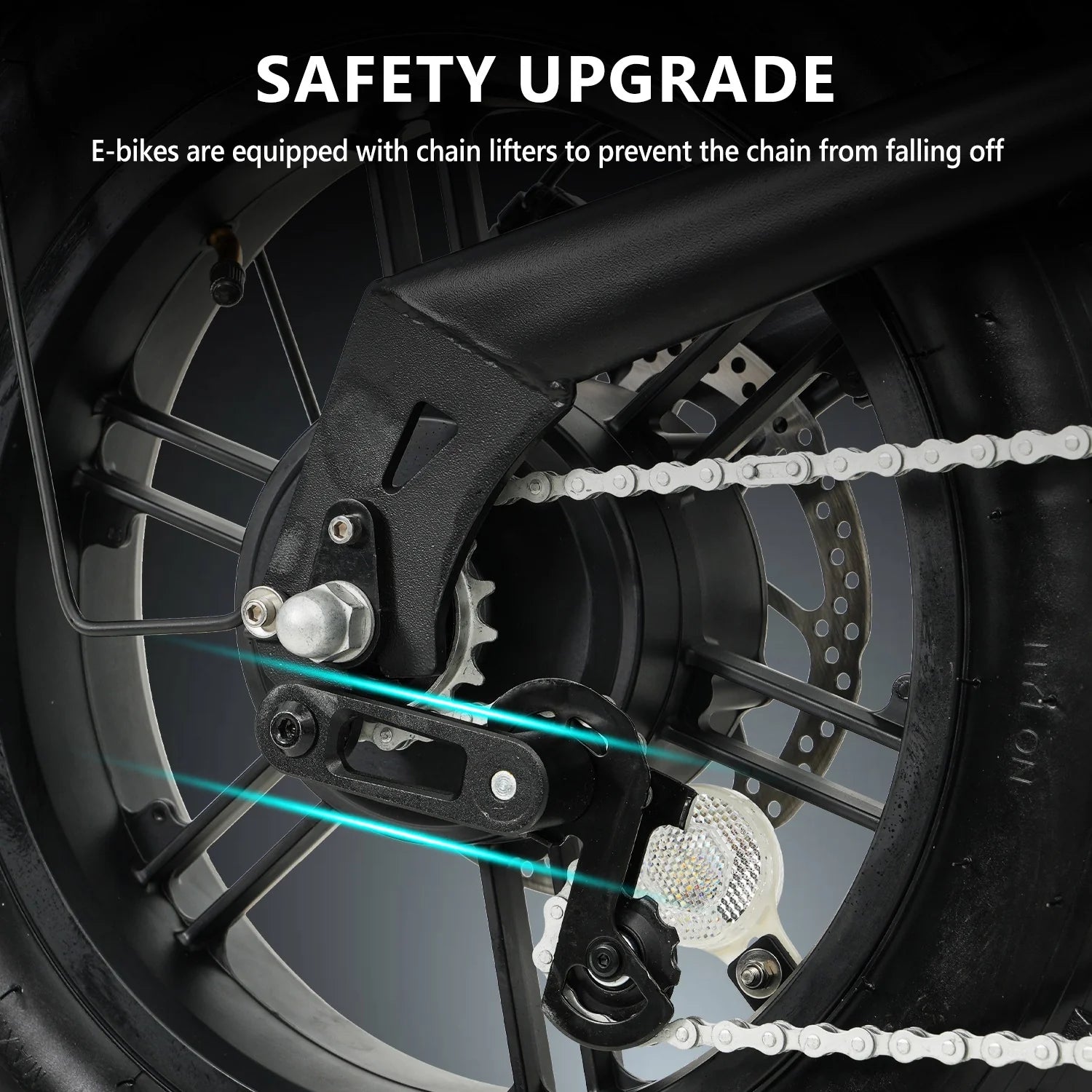 Close-up of an e-bike rear wheel showing the chain and chain lifter mechanism, with text highlighting the safety upgrade feature to prevent the chain from falling off. Blue lines illustrate the chains path.