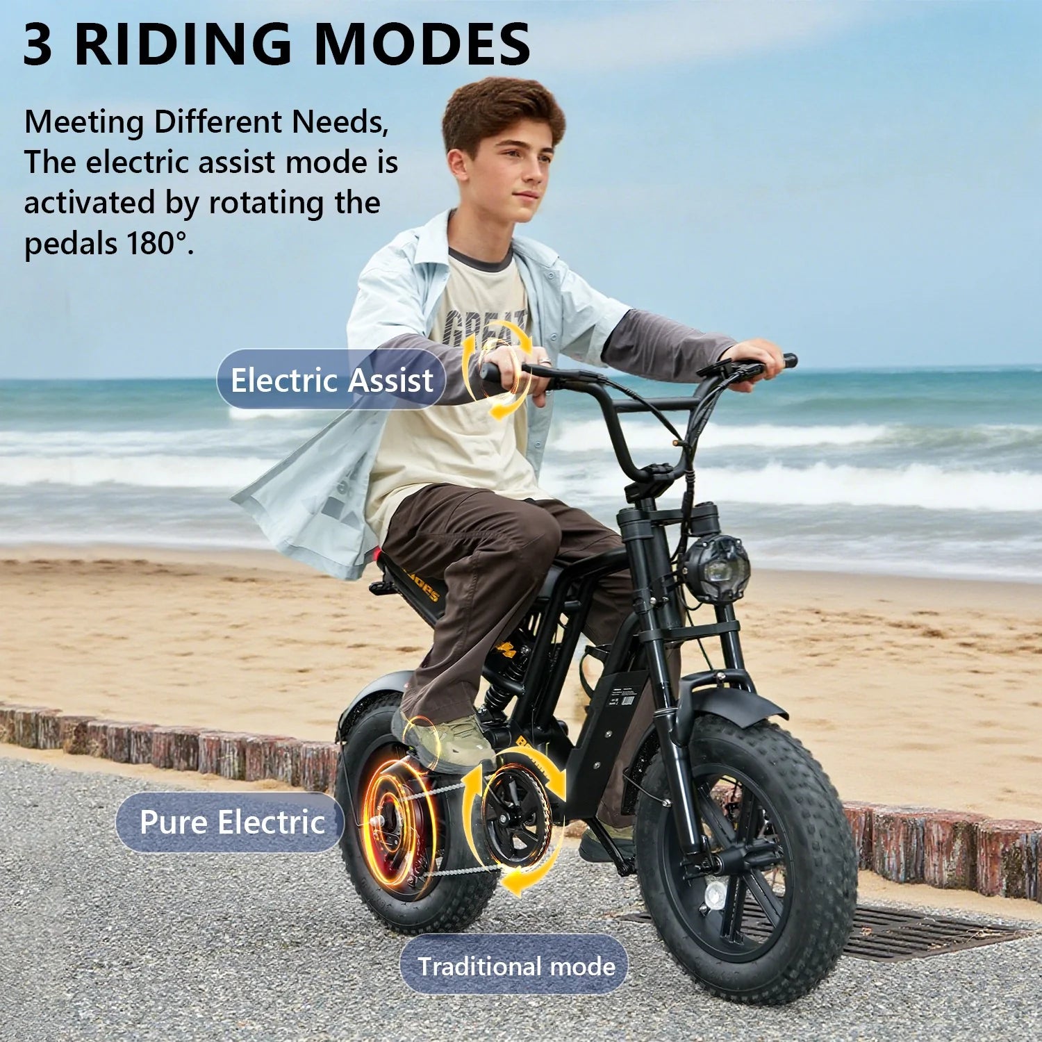 A teenage boy rides an electric bicycle along a seaside path. Text explains the three riding modes: Electric Assist, Pure Electric, and Traditional Mode, with highlighted labels and graphics pointing to the pedals and wheels.