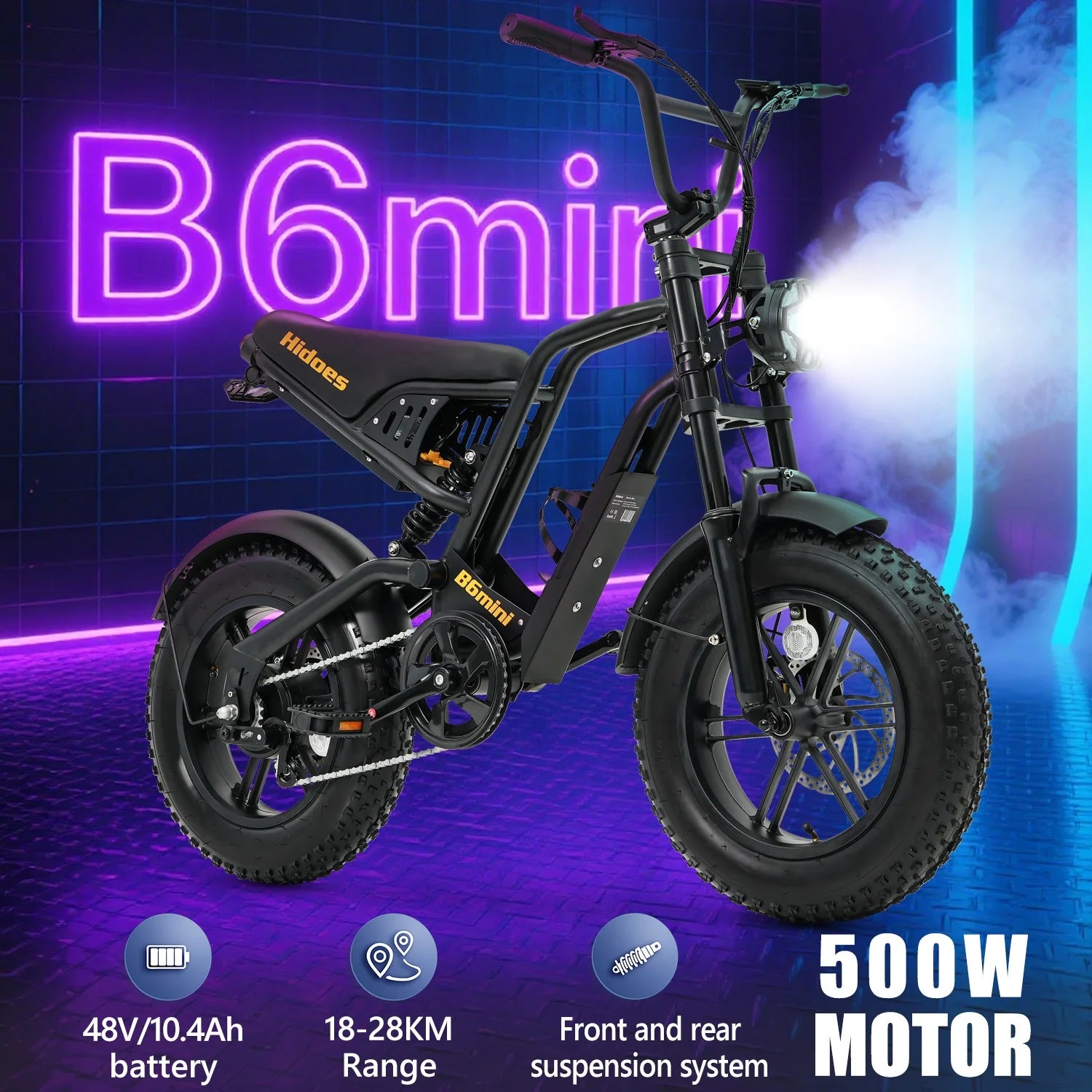 A black electric bike labeled B6mini and Hidoes is shown in a neon-lit setting. Features displayed include a 500W motor, 48V/10.4ah battery, 18-28KM range, and front and rear suspension system.