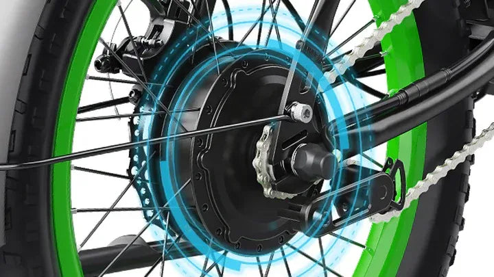 Close-up of a bicycle wheel with a green rim, black spokes, and a central electric motor hub highlighted by blue digital rings, illustrating e-bike motor technology.
