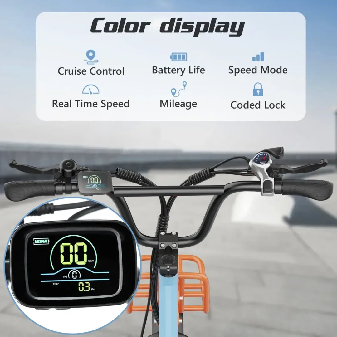 A close-up of a bicycle handlebar with a digital display showing speed and battery life. Above, icons and text highlight features: cruise control, battery life, speed mode, real-time speed, mileage, and coded lock.