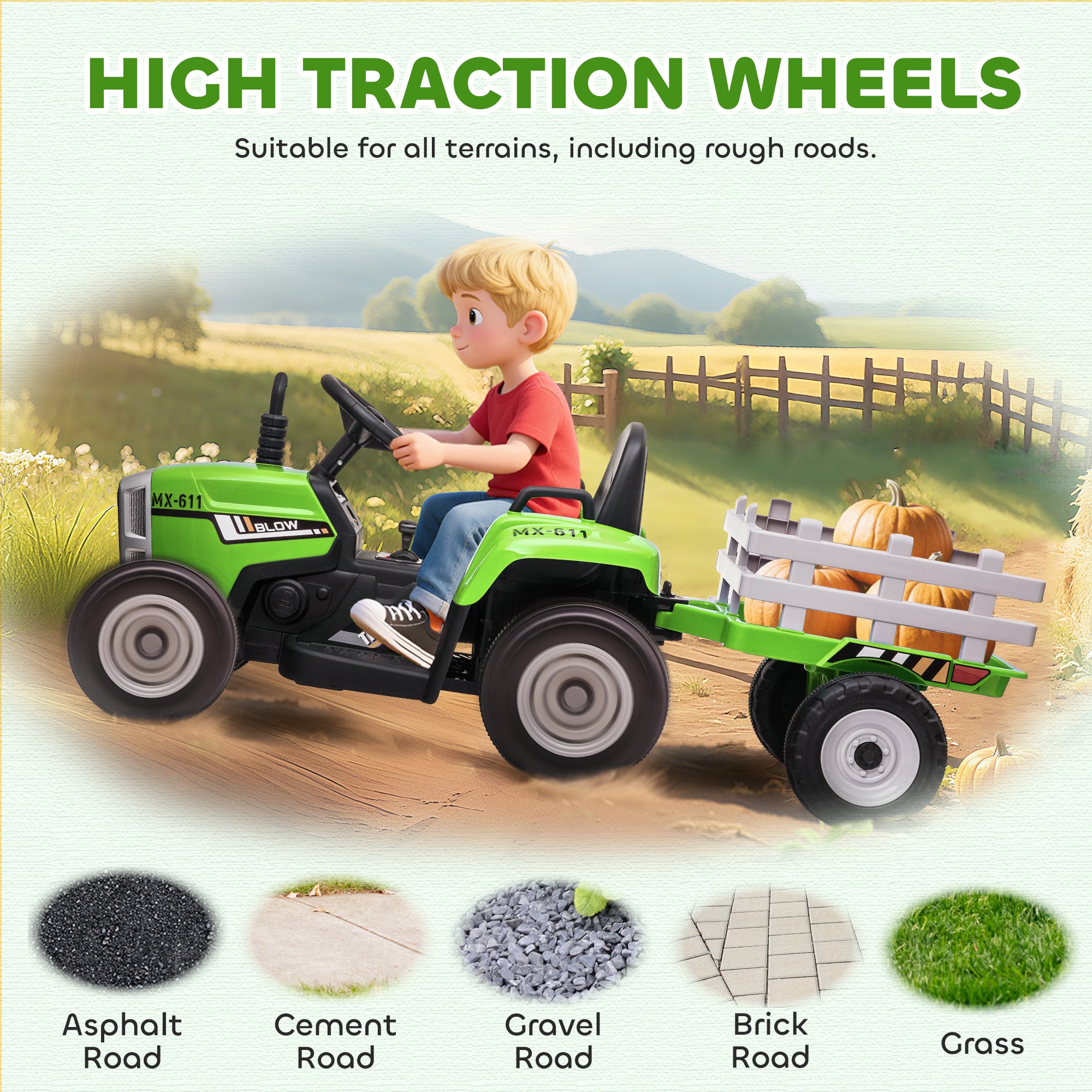 HOMCOM Kids Electric Ride-On Tractor with Trailer