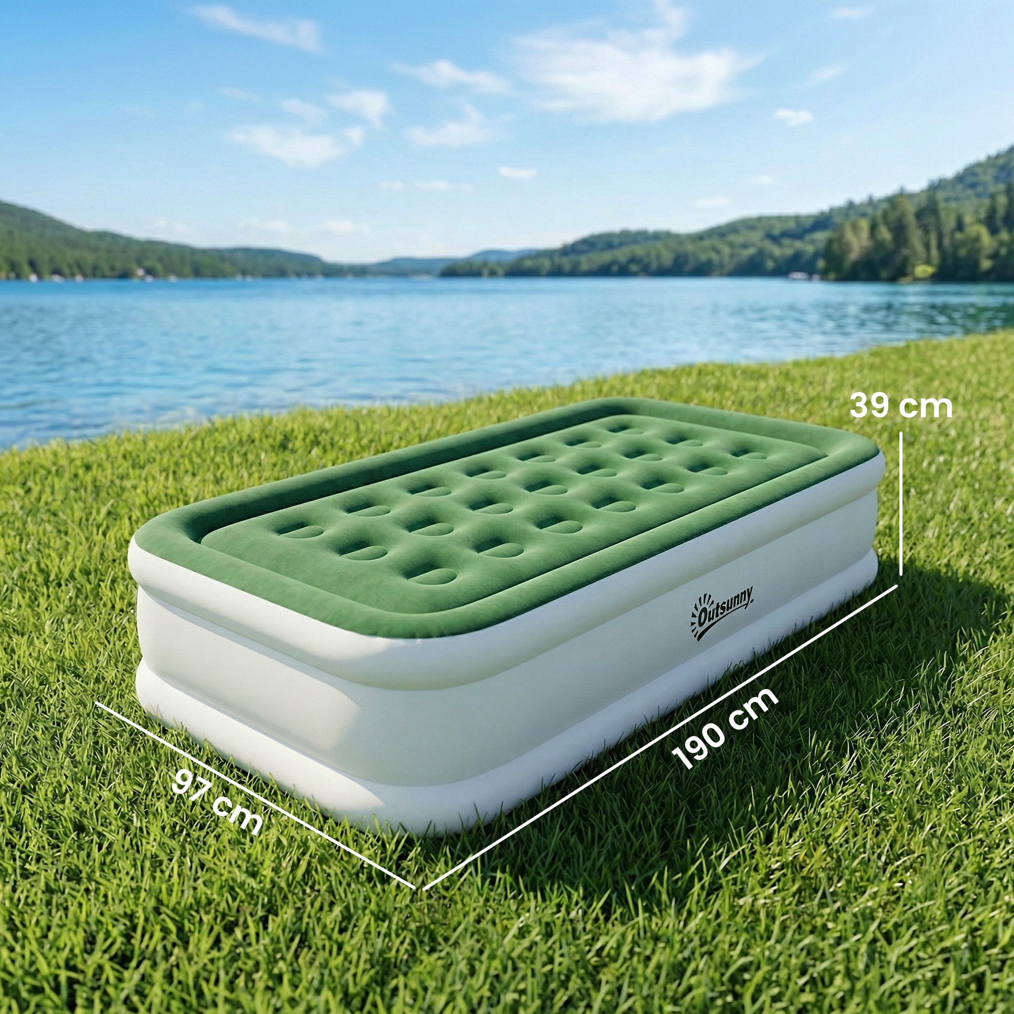 Outsunny Inflatable Mattress, Single Air Bed with Built-in Electric Pump, 3 Mins Inflation, Flocked Surface - Dark Green