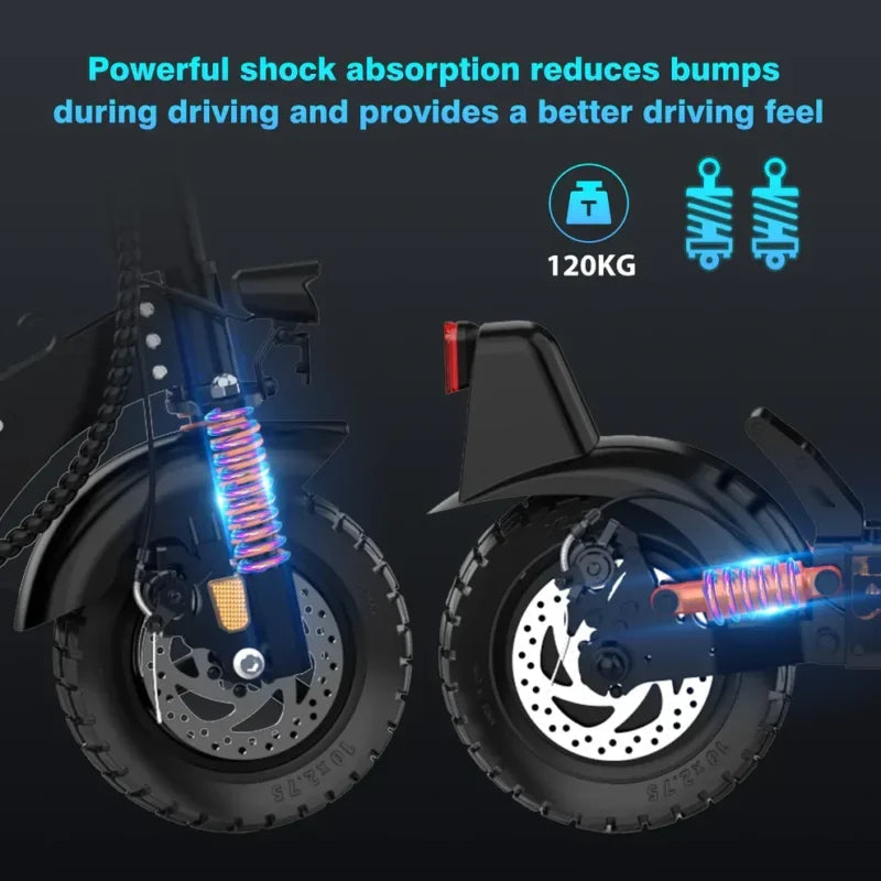 Close-up of a scooter’s shock absorbers on the front and rear wheels, with text highlighting shock absorption, a 120kg weight limit, and improved driving comfort on a dark background.