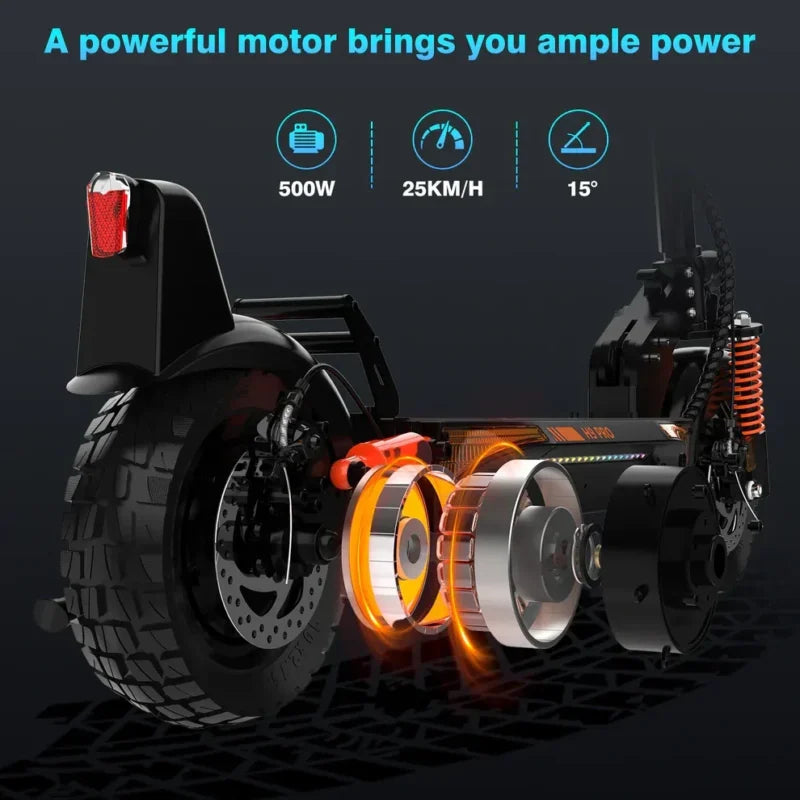 Illustration of an electric scooter’s rear wheel and motor with highlighted internal components. Text above describes specifications: 500W power, 25 km/h speed, and 15° climbing ability.
