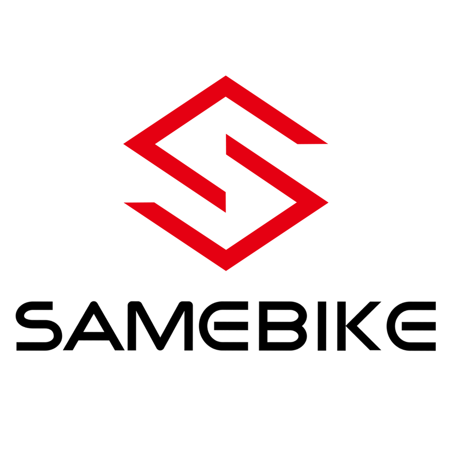 The image shows a red geometric S logo above the word SAMEBIKE written in bold, black, modern uppercase letters on a light gray background.