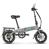 Gray folding electric bike with visible branding on a white background