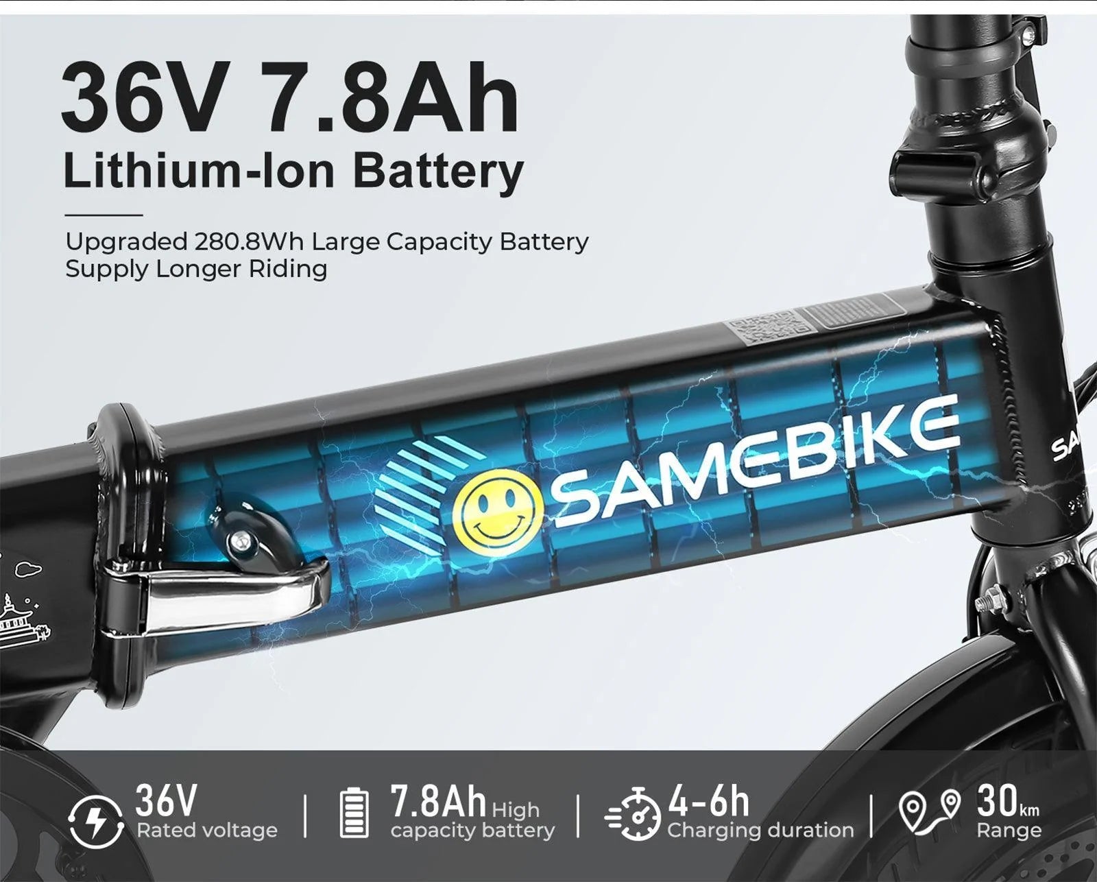 Close-up of an e-bike frame showing battery specs: 36V 7.8Ah Lithium-Ion Battery, with icons and text highlighting 36V voltage, 7.8Ah capacity, 4–6h charging time, and a 30km range. The frame displays the SAMEBIKE logo.
