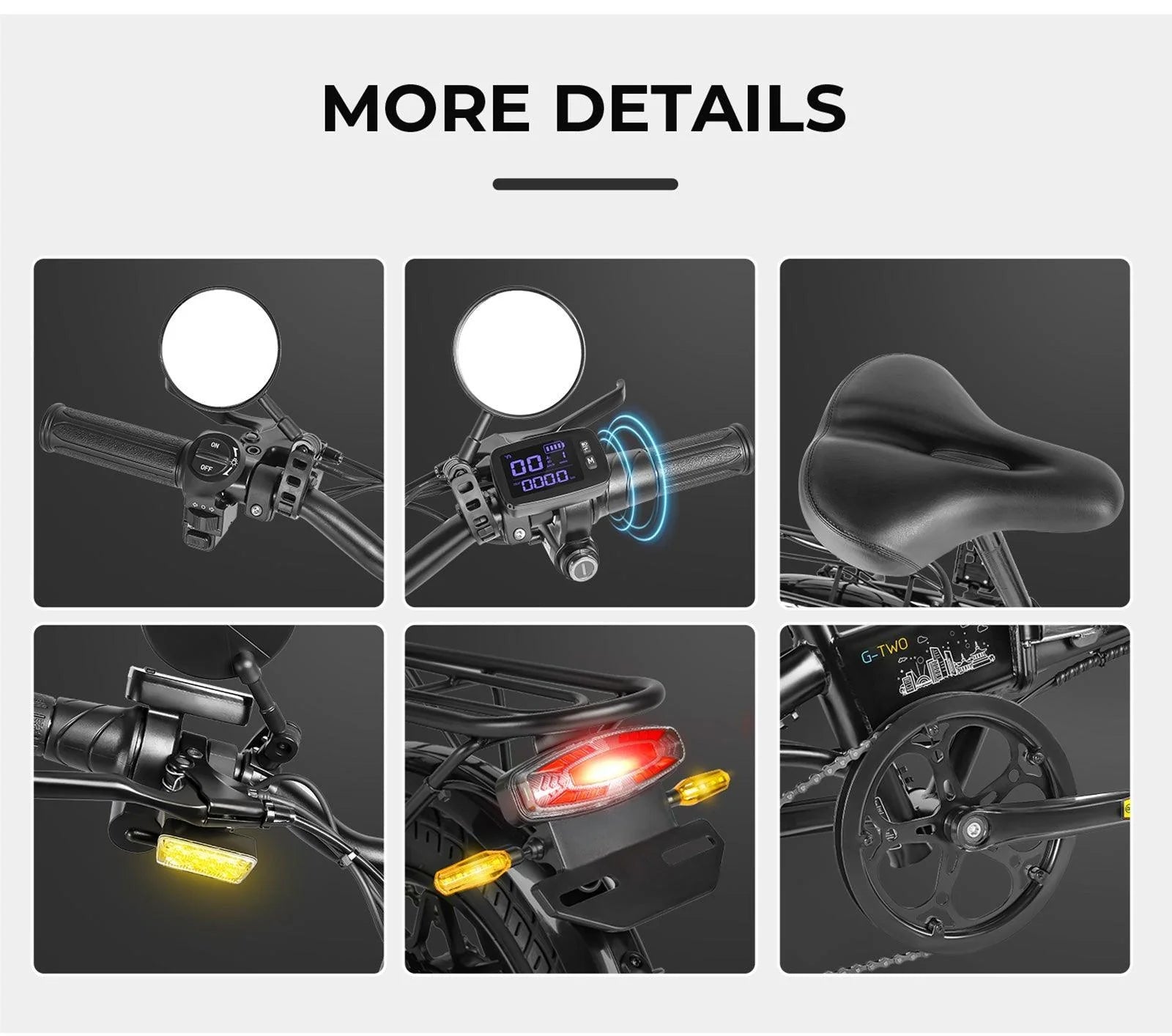 A grid of six images shows features of an electric bike: handlebar with mirrors, digital display, padded seat, side mirror, rear light, and pedal with chain guard.