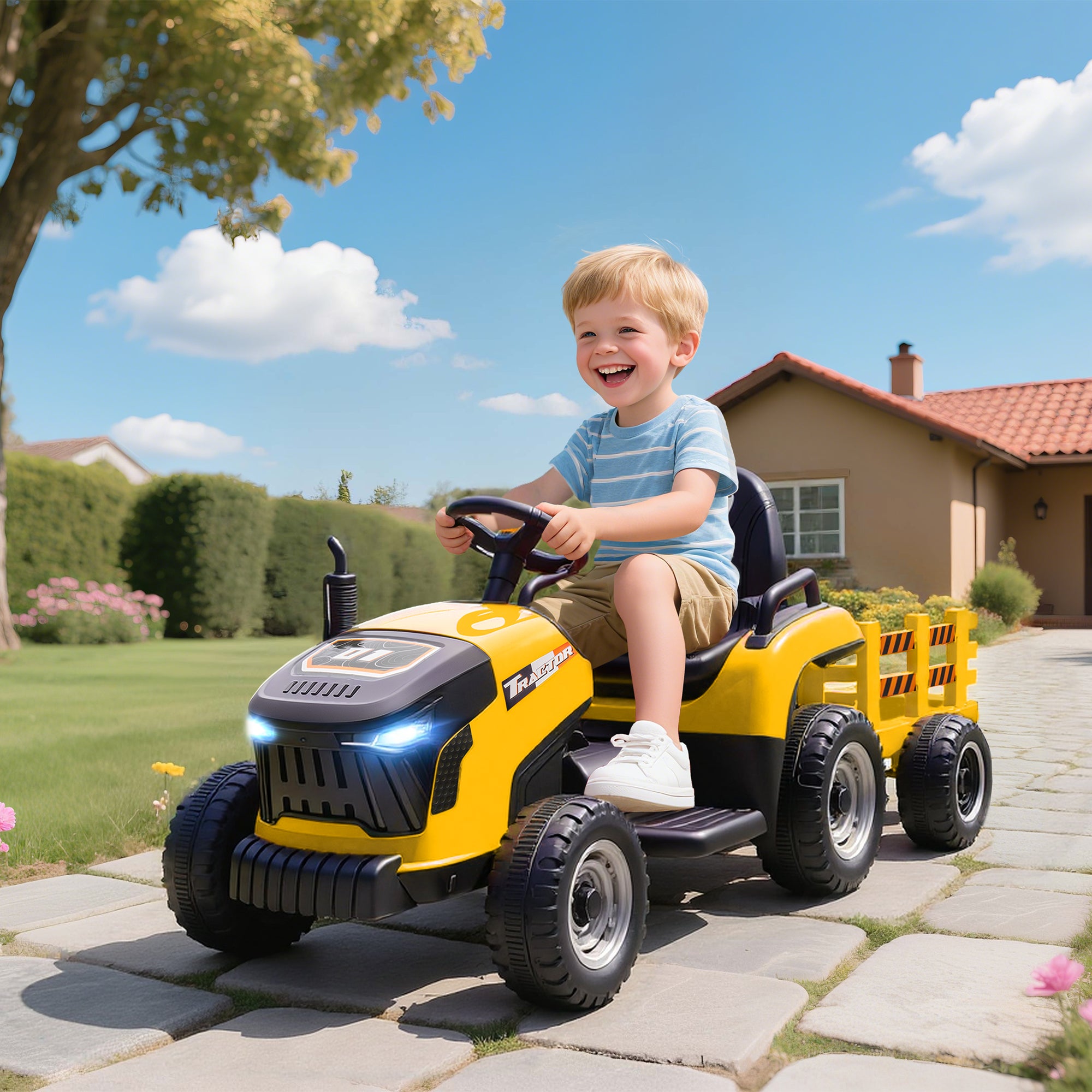 AIYAPLAY 12V Kids Ride-On Tractor with Trailer