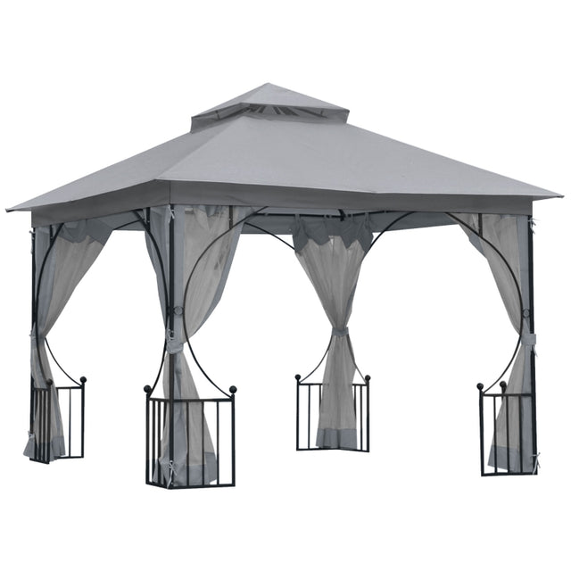Outsunny 3x3m Hot Tub Gazebo with Curtains & Double Roof - Light Grey