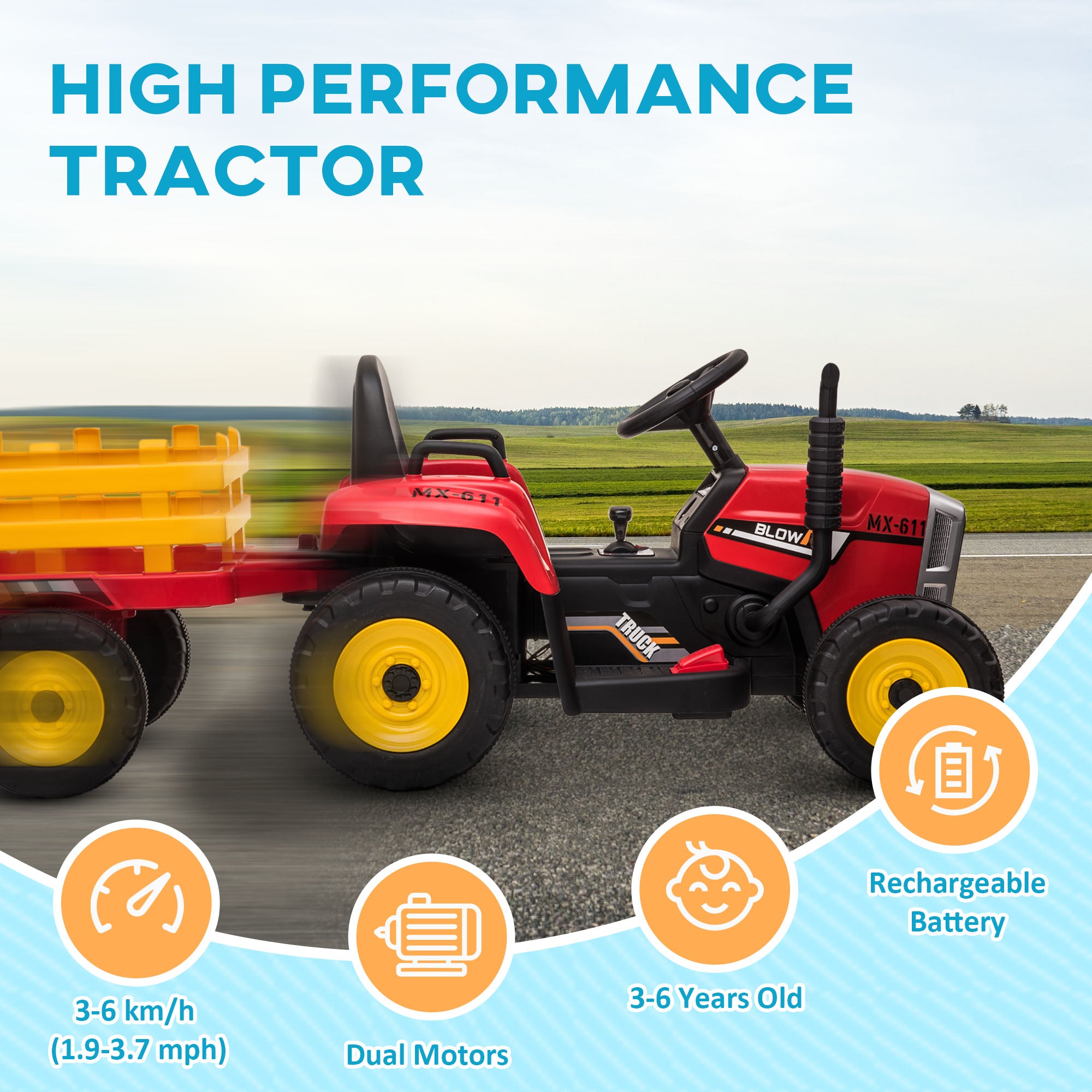HOMCOM Kids Electric Ride-On Tractor with Trailer