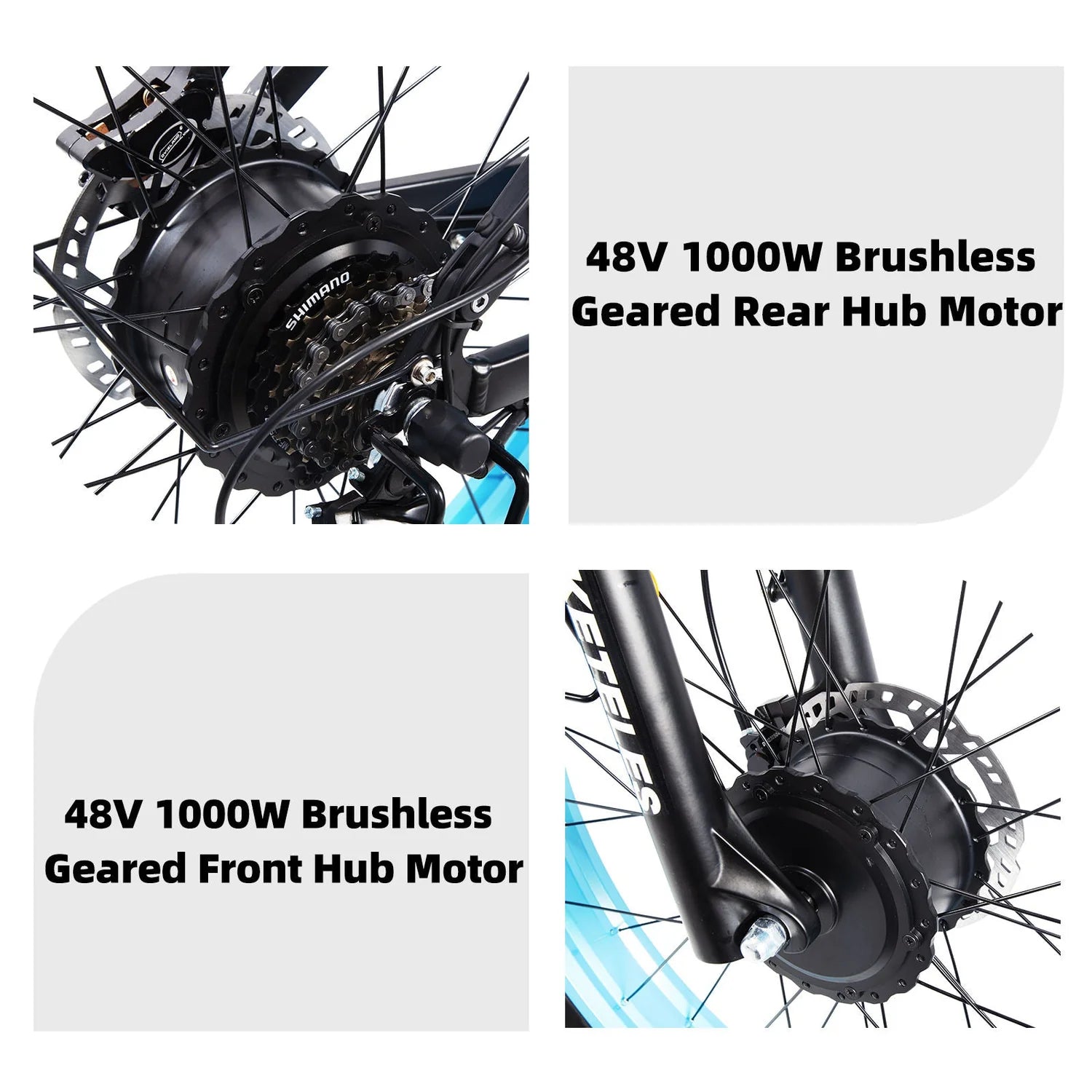 Close-up images of a bicycle’s front and rear wheels, each with a 48V 1000W brushless geared hub motor, disc brakes, and labeled text indicating the motor type and location.