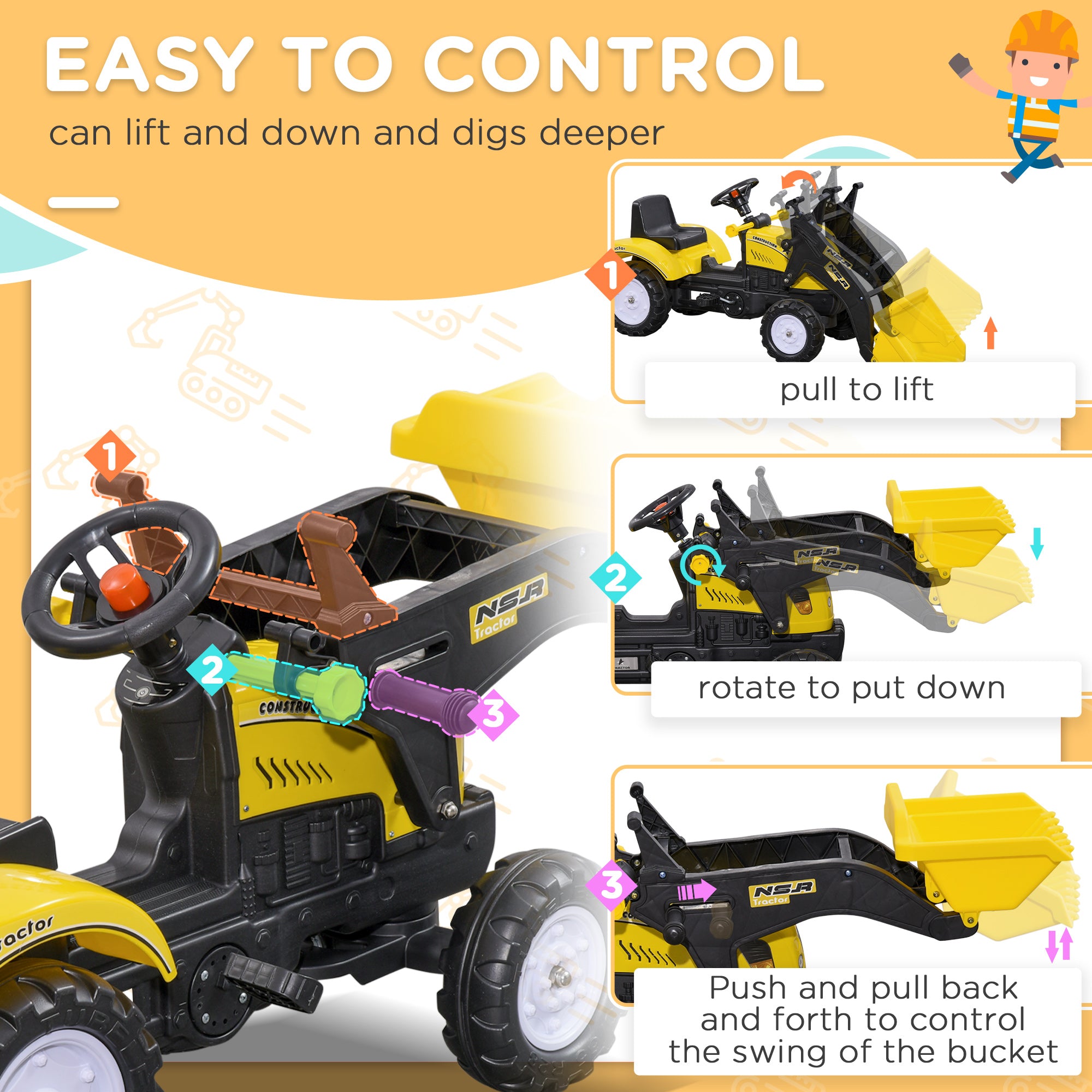 HOMCOM Pedal Go Kart Excavator Toy for 3 Years Old