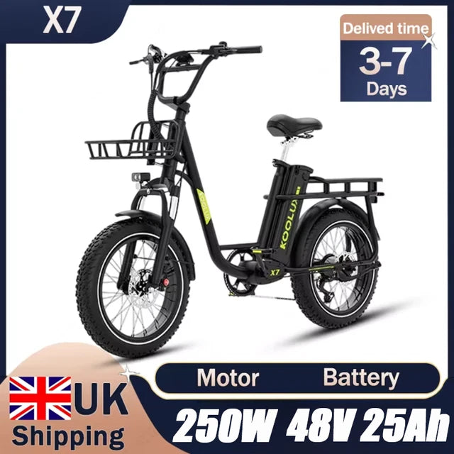 A black electric tricycle with front and rear baskets, labeled KOOLX X7, featuring a 250W motor and 48V 25Ah battery. Text highlights UK shipping and a delivery time of 3-7 days.