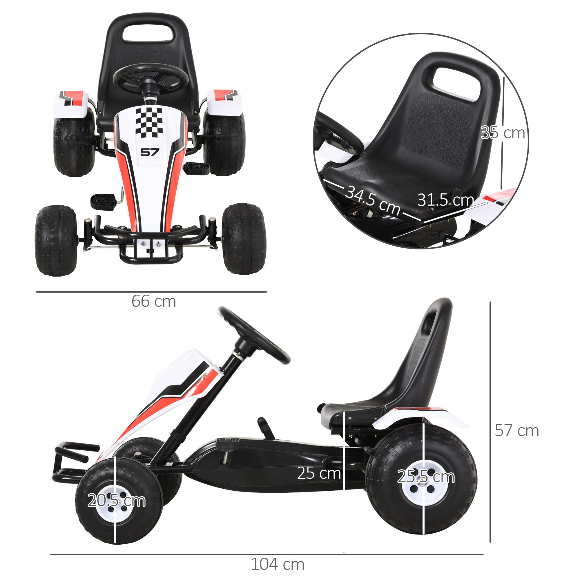HOMCOM Kids Pedal Go Kart Manual Ride-On White 104x66cm