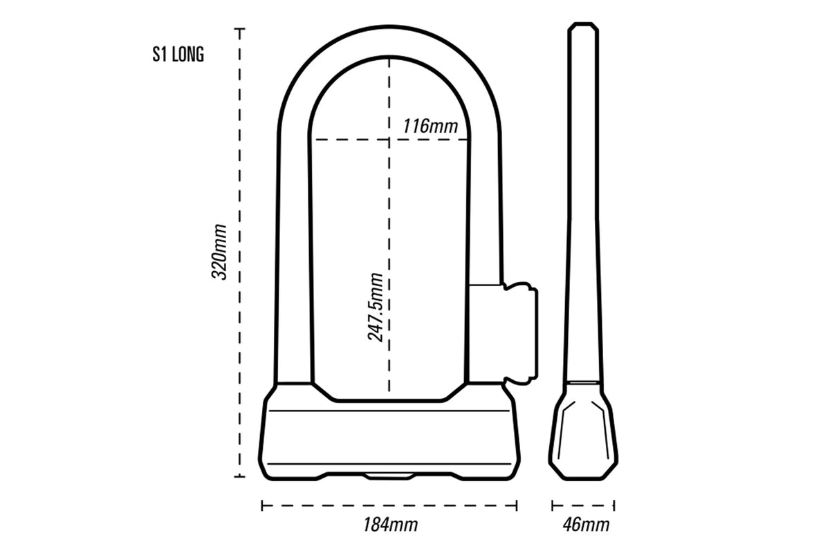Oxford Grinder S1 320mm anti-angle grinder U-lock - external and internal lock dimension diagram