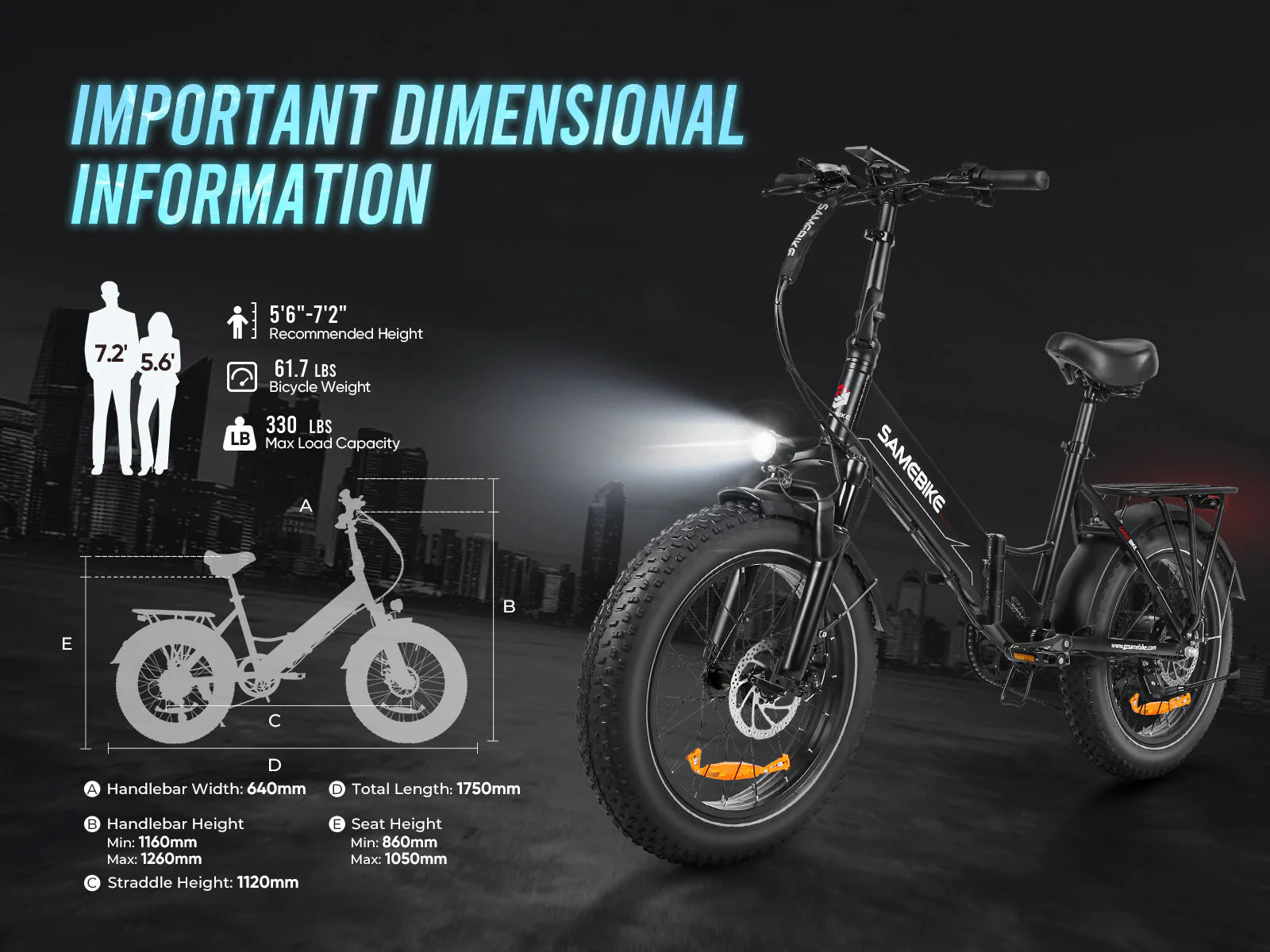 Samebike LOTDM200 Fat Tyre Electric Bike dimensions