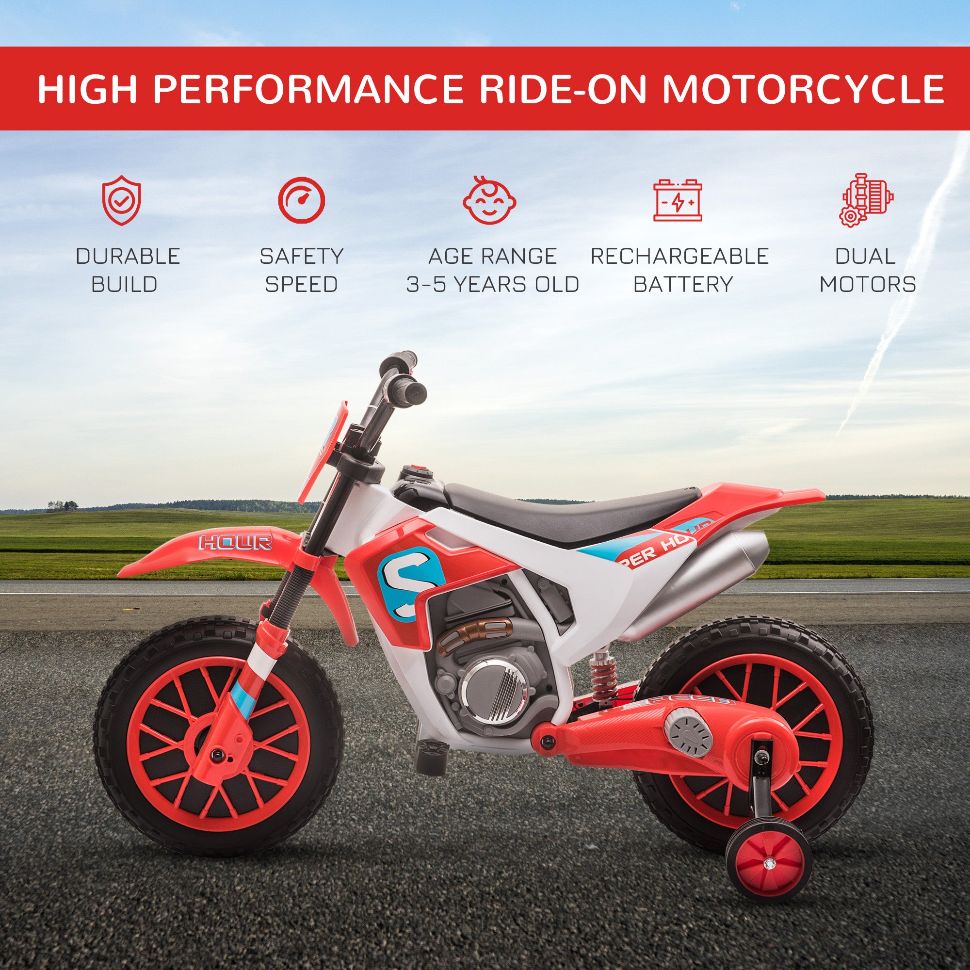 HOMCOM 12V Kids Electric Motorbike with Training Wheels
