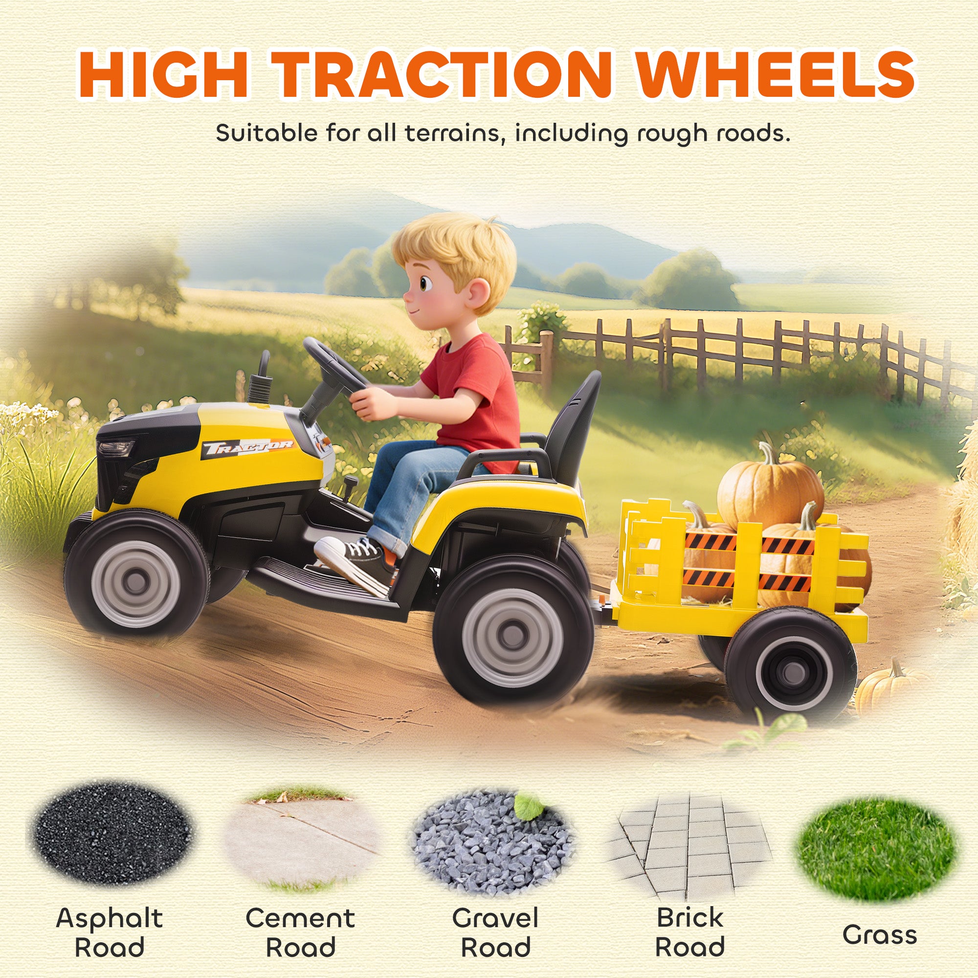 AIYAPLAY 12V Kids Ride-On Tractor with Trailer