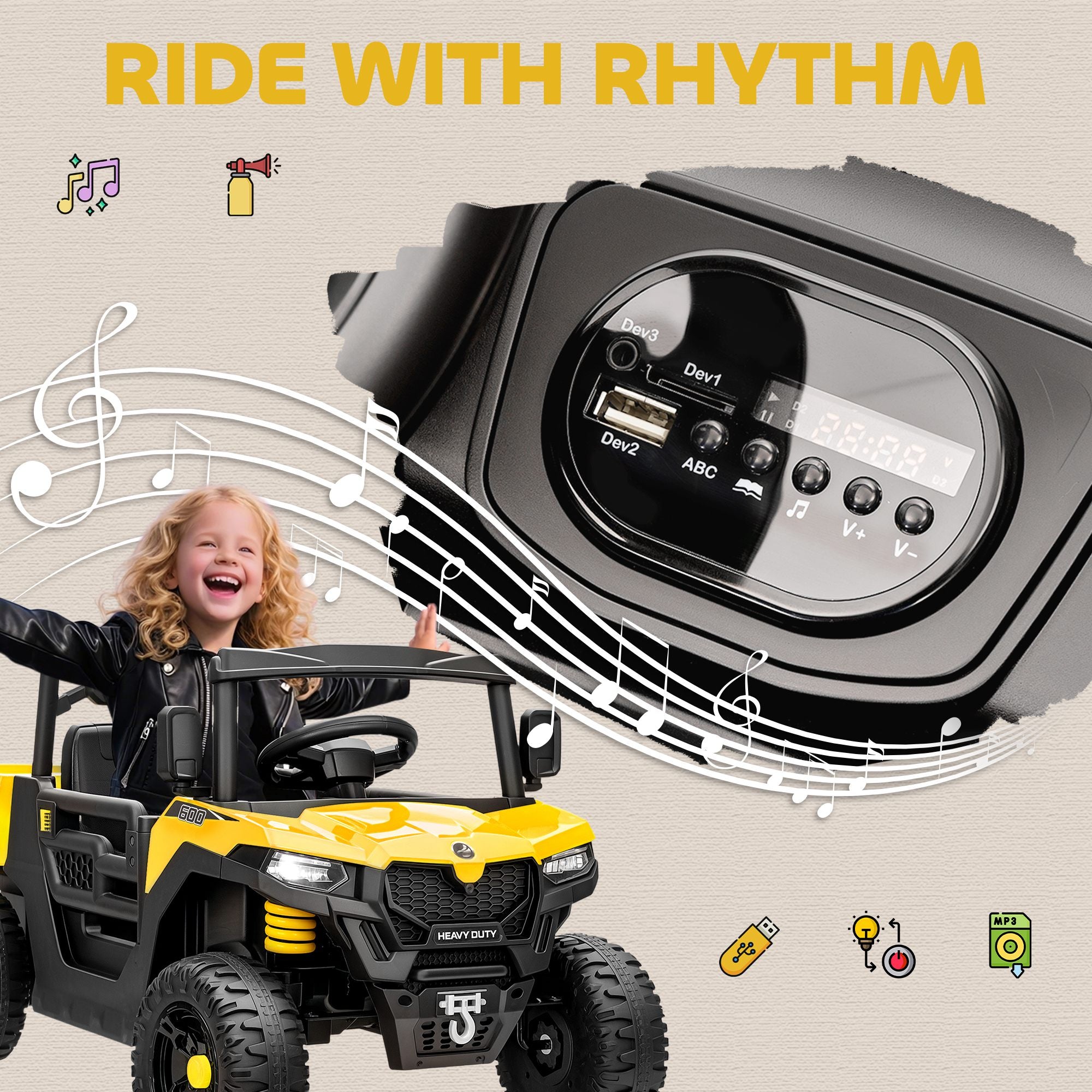 AIYAPLAY 12V Kids UTV Ride-On with Dump Bed