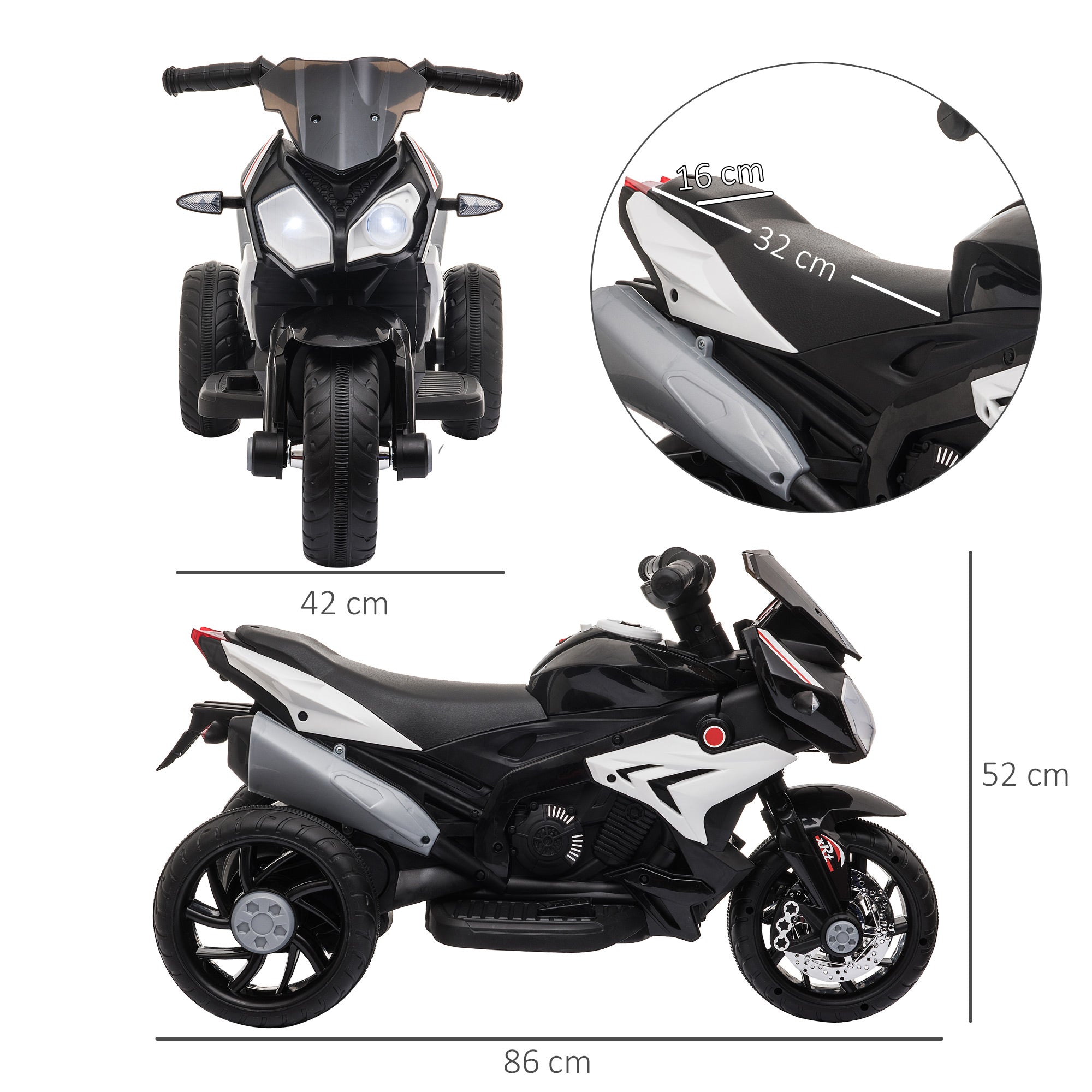 HOMCOM Kids Three-Wheel Electric Motorbike - Black