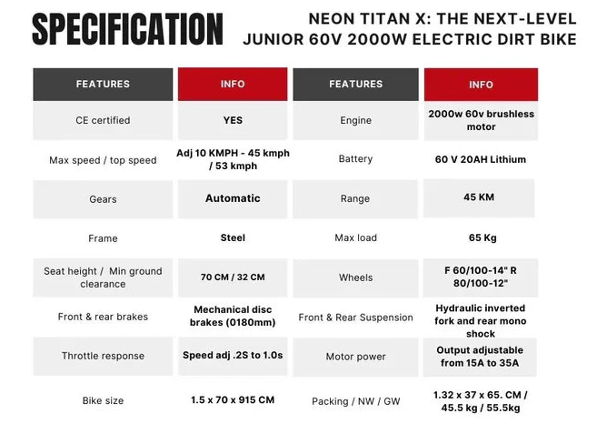 Neon Titan X 60V Electric Dirt Bike dimensions
