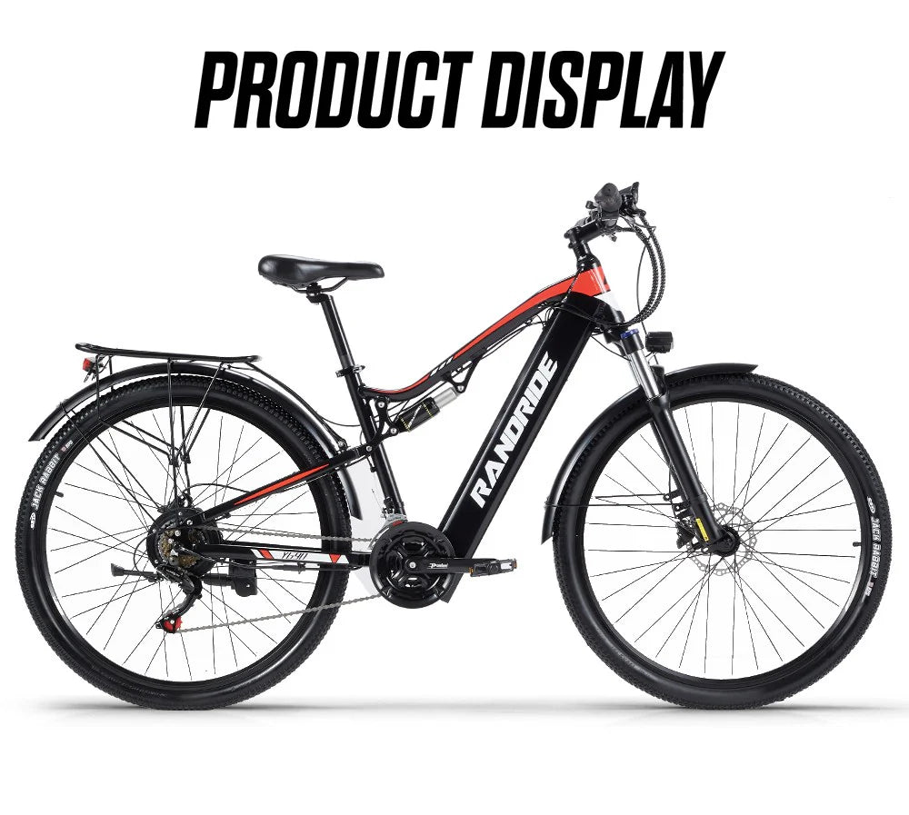 A black and red RANRIDE electric bicycle with front suspension, rear rack, and thick tires is displayed on a white background with the words PRODUCT DISPLAY above it.