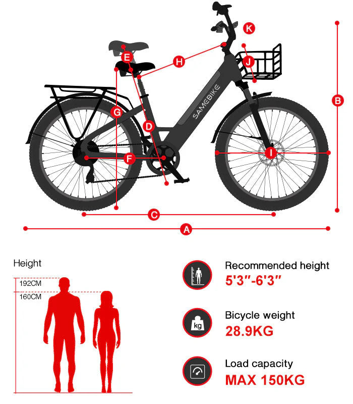 Samebike RS A01 Electric Bike size and dimensions