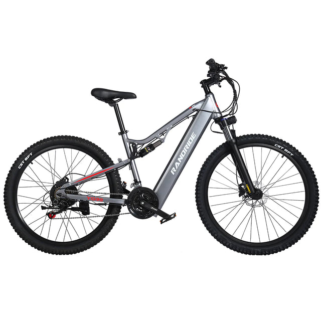 The Randride YX90A Electric Mountain Bike, shown in side view on a white background, features front suspension, thick tires, a 1000W rear hub motor, and the RANDRIDE brand name on its gray frame.