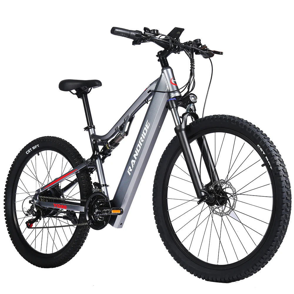 A silver Randride YX90A Electric Mountain Bike by Randride, featuring a 1000W rear hub motor, thick tires, front suspension, disc brakes, and a sturdy frame, stands upright against a white background.