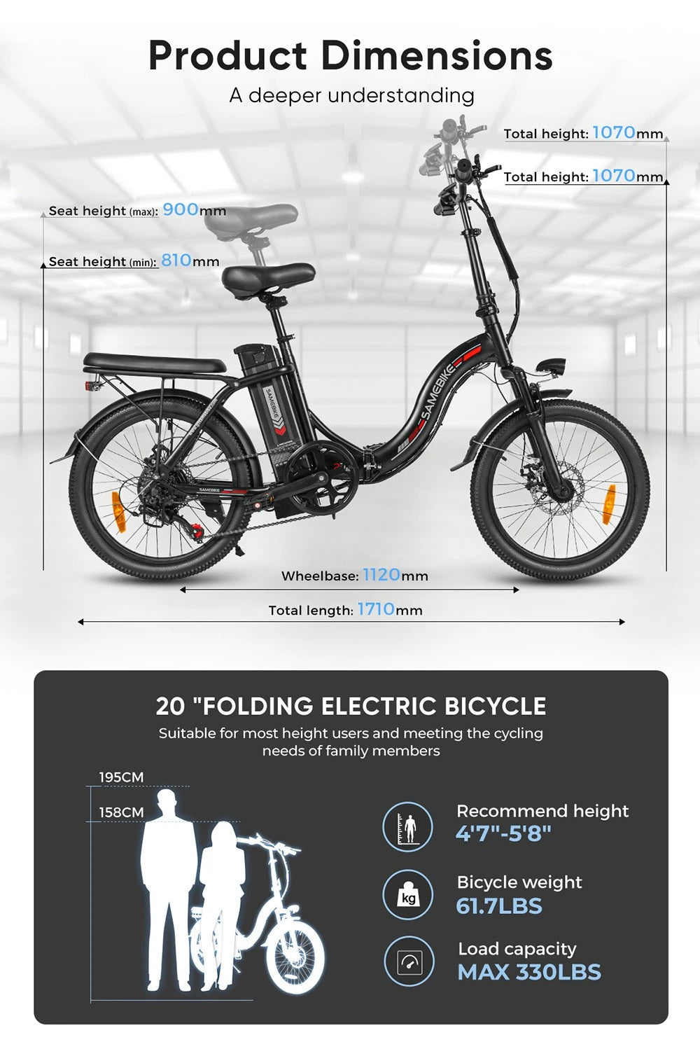 Samebike CY20 Electric Bike size and dimensions