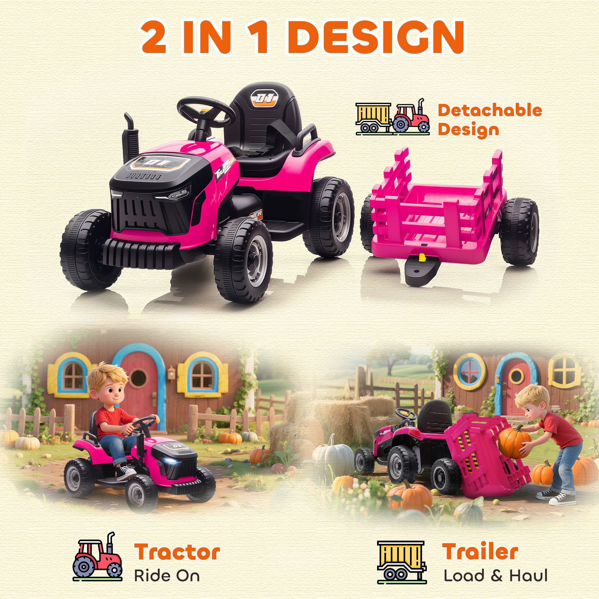 AIYAPLAY 12V Kids Ride-On Tractor with Trailer