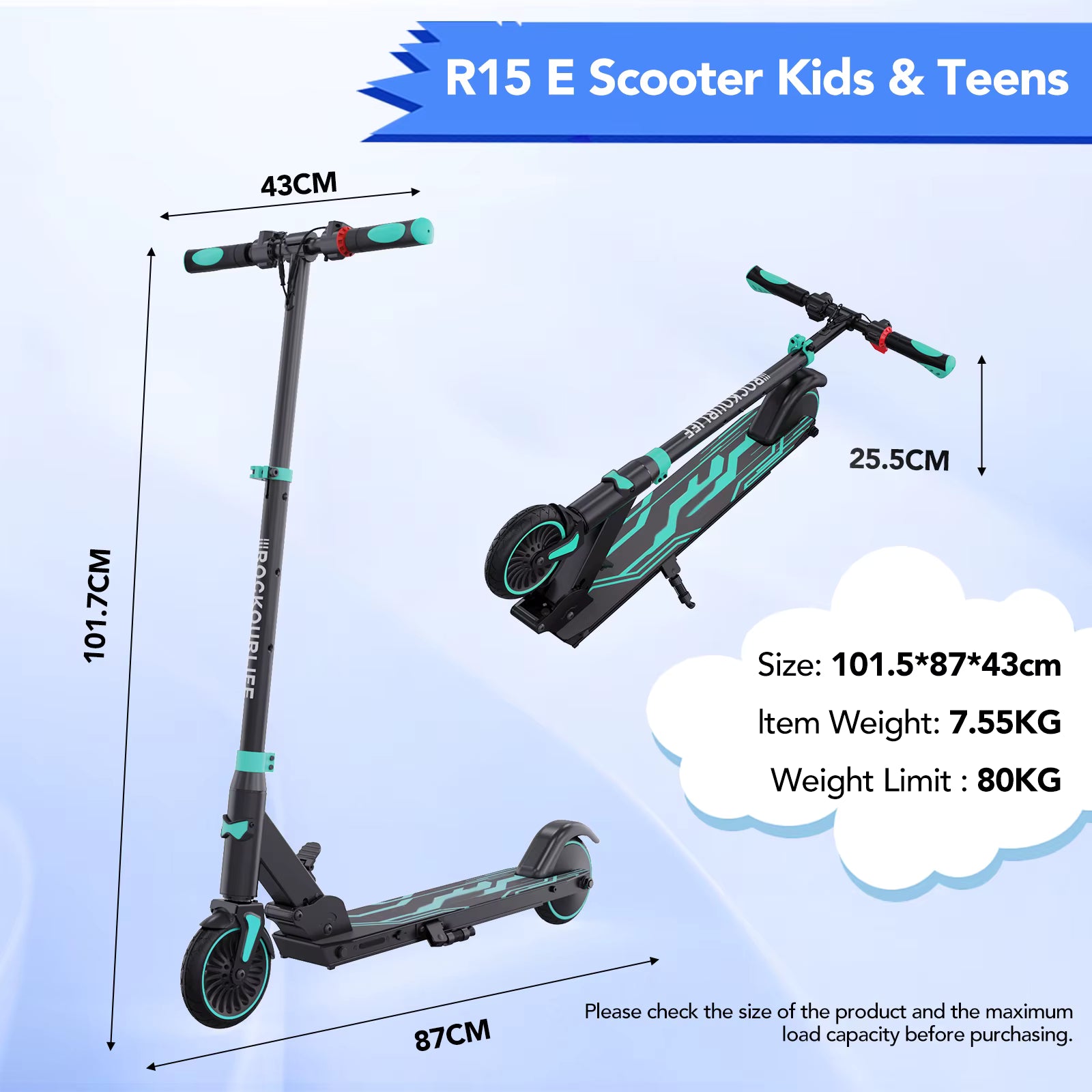 RCB R15 Kids Electric Scooter dimensions