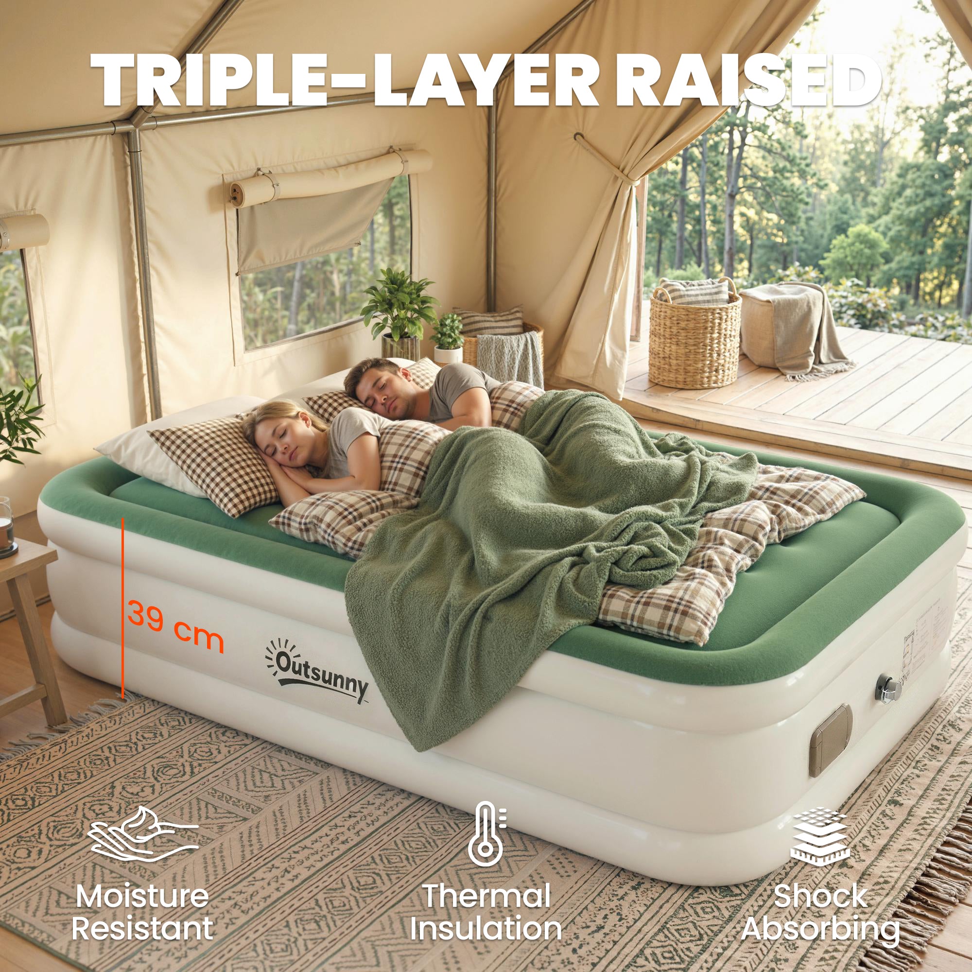 tent with mattress built in Outsunny Inflatable Mattress, Double Air Bed with Built-in Electric Pu