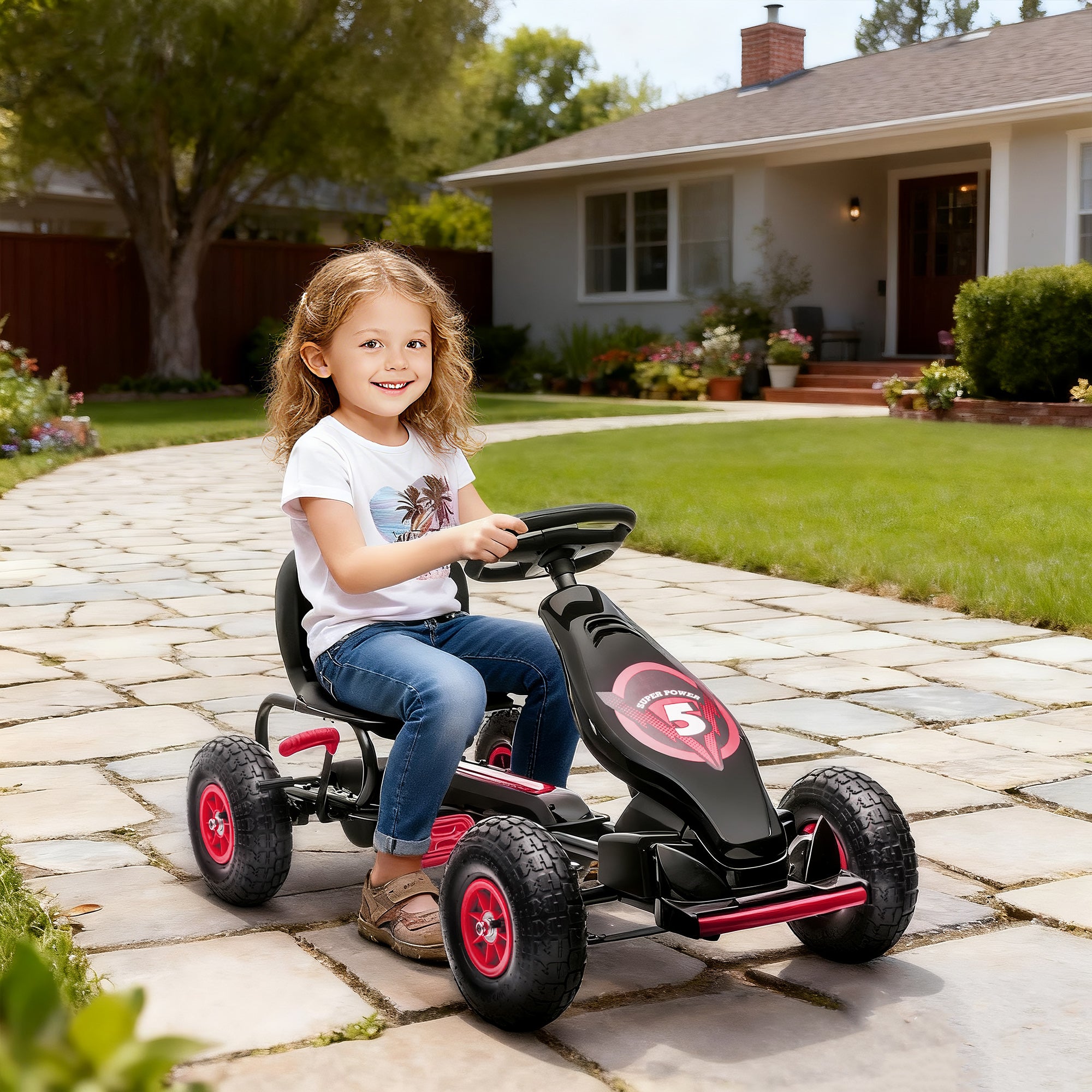 HOMCOM Kids Go Kart Adjustable Seat Inflatable Tyres