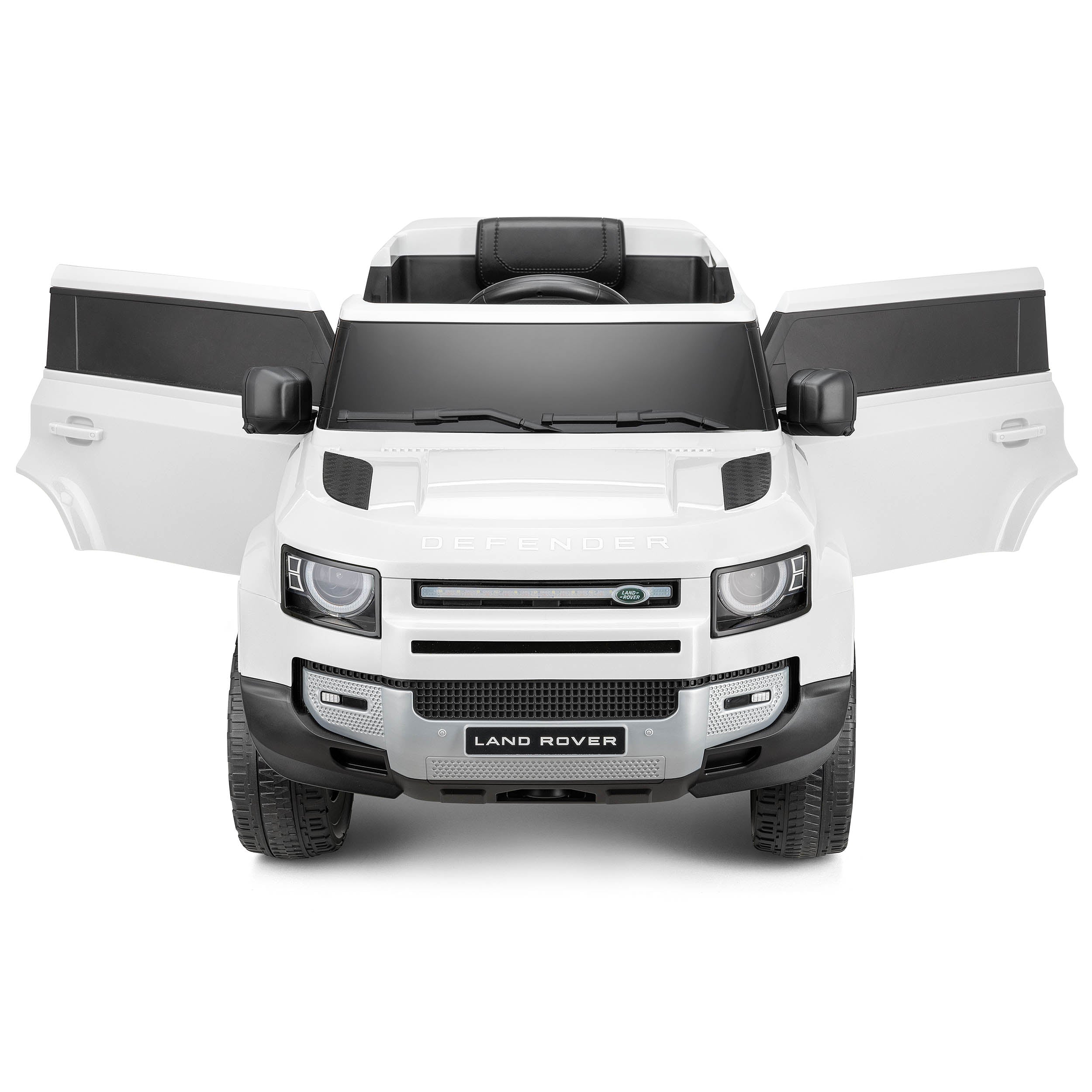 White Land Rover Defender kids ride-on electric car with open doors and detailed front design on white background