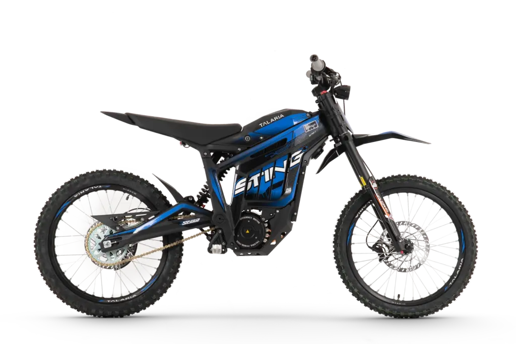 Talaria Sting R MX4 Electric Dirt Bike – Black with Blue Stickers full side product view
