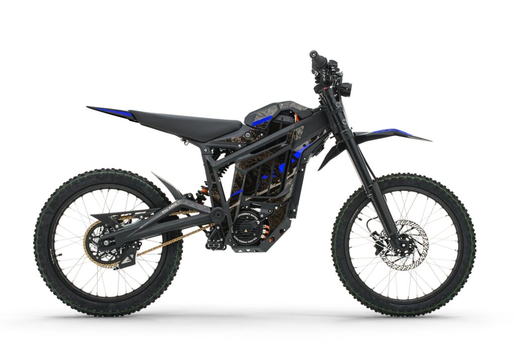 Talaria Sting Pro MX5 Electric Dirt Bike – Black with Blue Dragon Stickers full side product view
