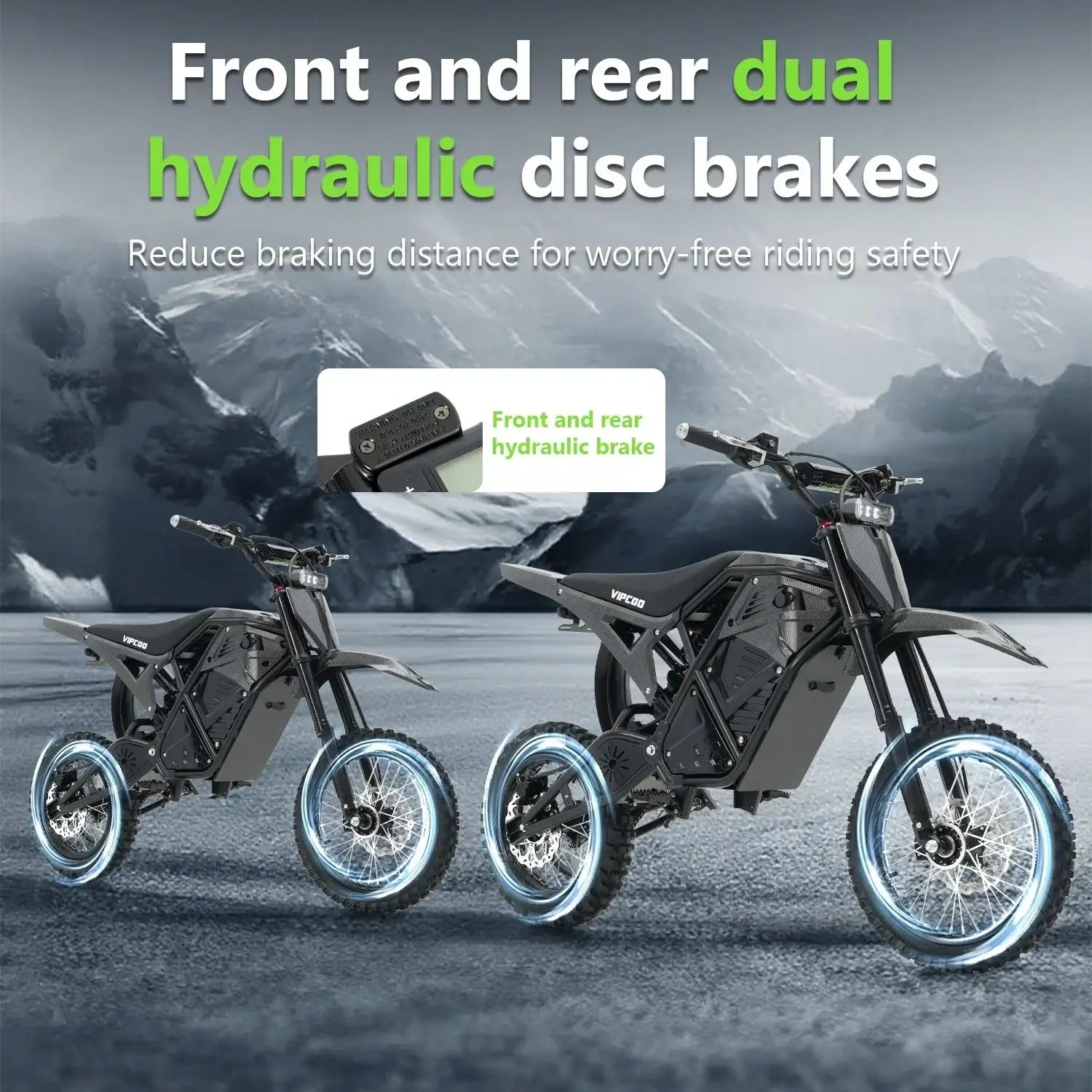 Two VIPCOO H3 Electric Dirt Bikes by Vipcoo, in black with glowing blue wheels, are set against snowy mountains. Text highlights their dual hydraulic disc brakes and full suspension for enhanced riding safety.