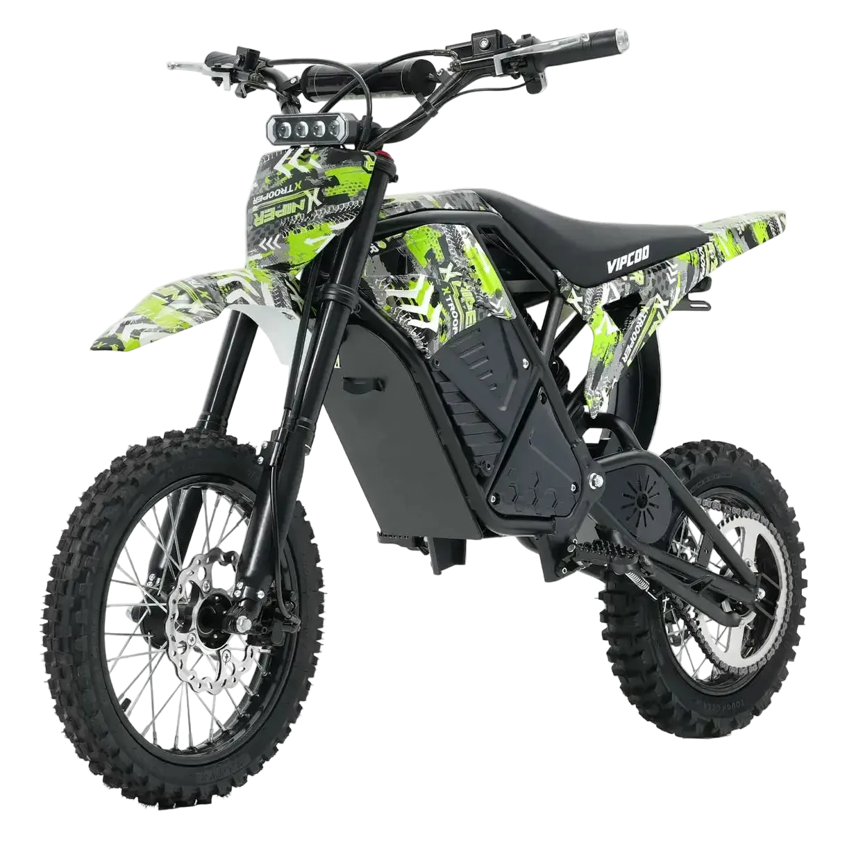 The VIPCOO H3 Electric Dirt Bike by Vipcoo, featuring a green, black, and white design, knobby tires, full suspension, and bold graphics, is shown from a front-side angle against a white background.